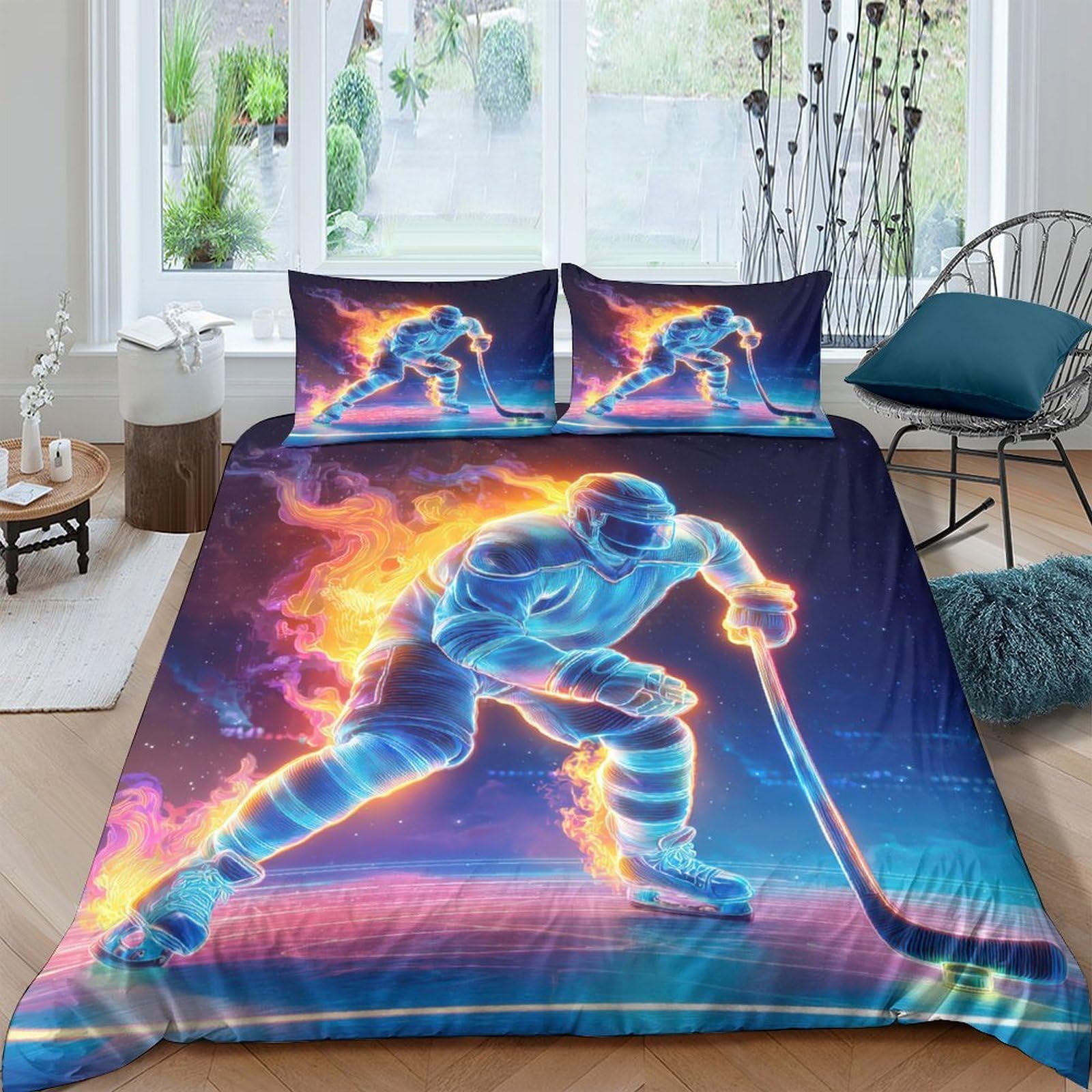 Ctjqhvkz Style-10 3D Printed Fire Ice Hockey Fitted Sheet Microfiber Soft Breathable Neon Sport Bed Cover For Bedroom Dorm Mattress Protection Decor Single（135X200cm）