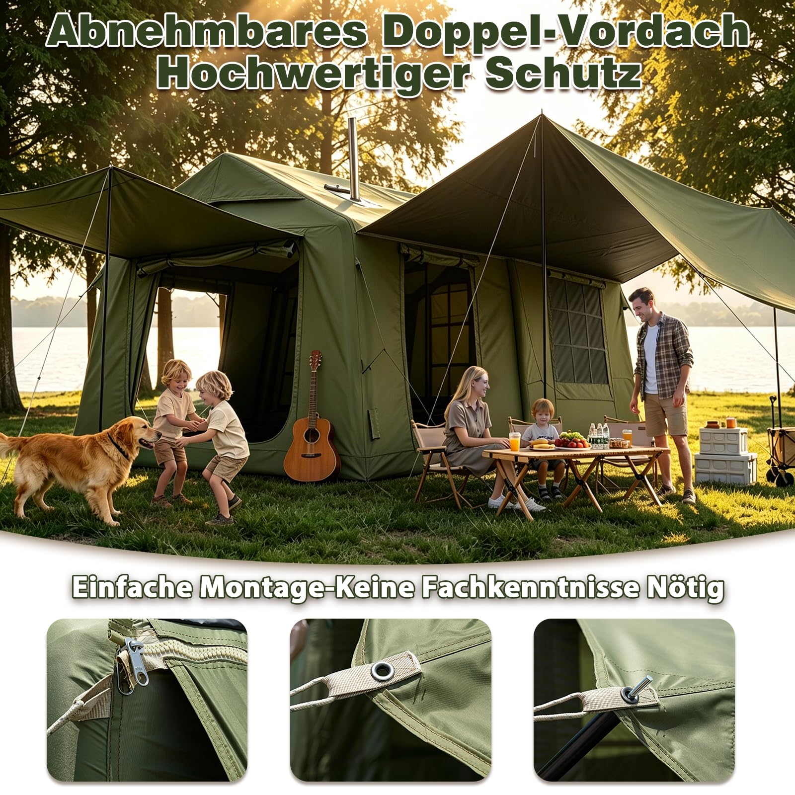 2-10Personen Aufblasbares Gampingzelt mit Oberlichter&Kaminöffnung, 420D Oxford Outdoor Familien Hauszelt Zelt, 4Jahreszeiten, wasserdichte, Ventilationssystem
