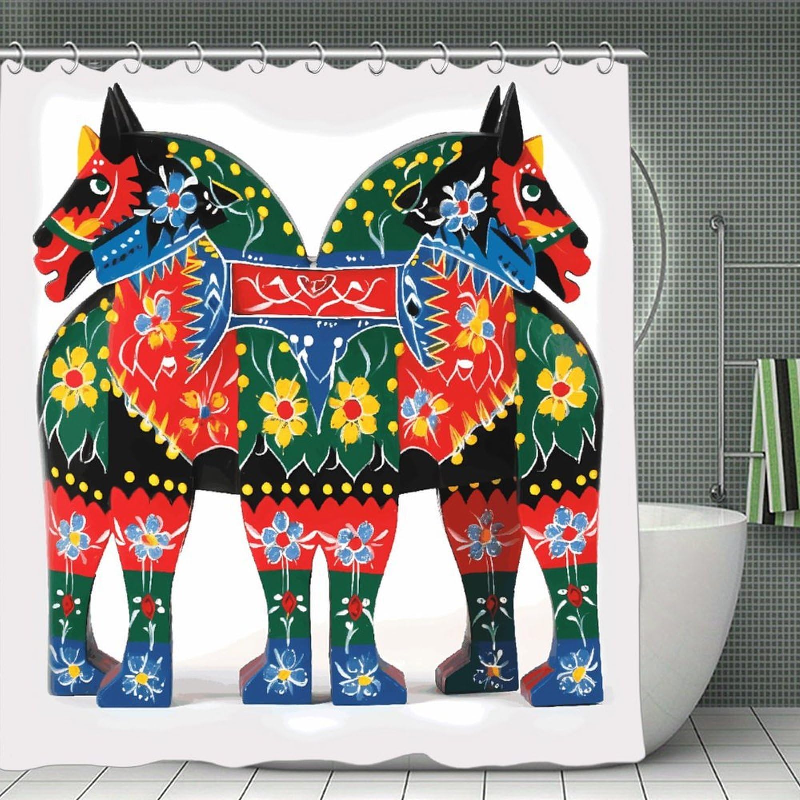 VstaDank Runner Swedish Dala Horse Folk Bath Curtain Elegant Heavy Duty Shower Curtains 70x70 in Rustic Farmhouse Cloth Shower Curtains Neutral Modern Bath Curtain for Bathroom