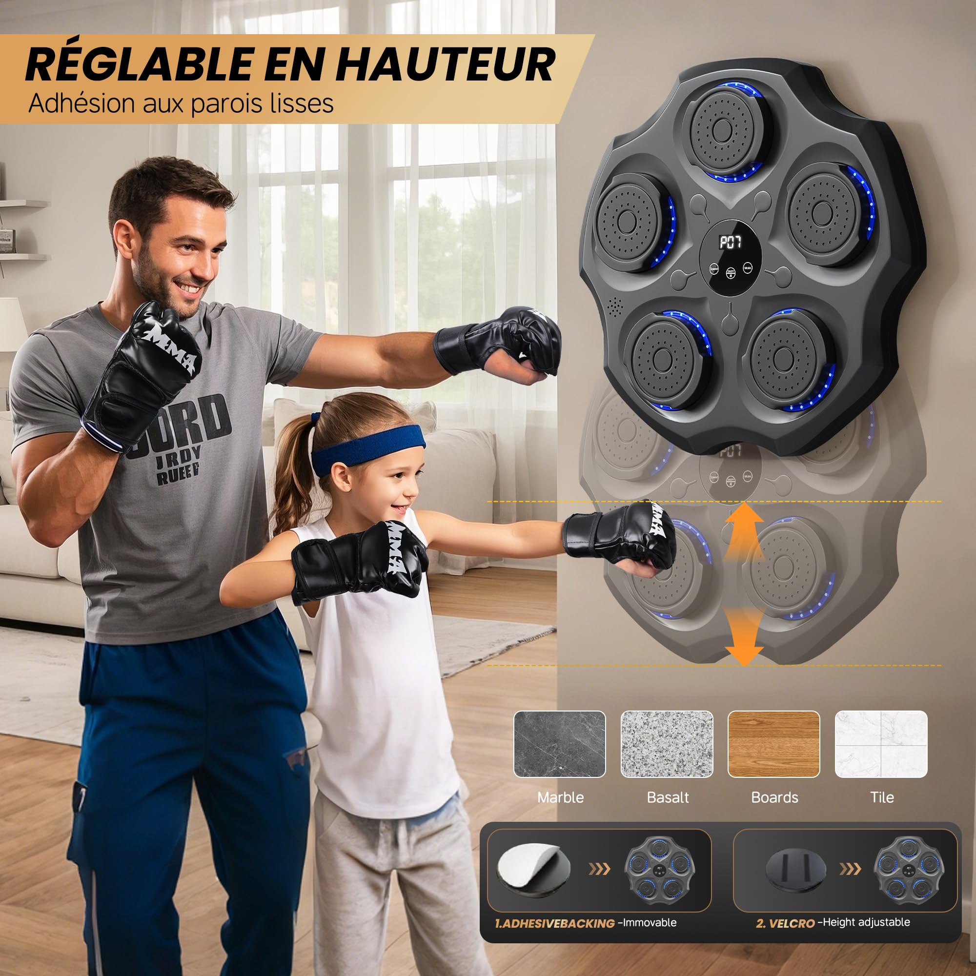 Machine de Boxe Mural Musique - Music Boxing Machine Adulte Punching Ball, Beatpunch de Sac de Frappe Jeu Musicale Cible, 9 Modes, Vitesse, Bluetooth avec MMA Gants, Gym Sports Stress Training Kits