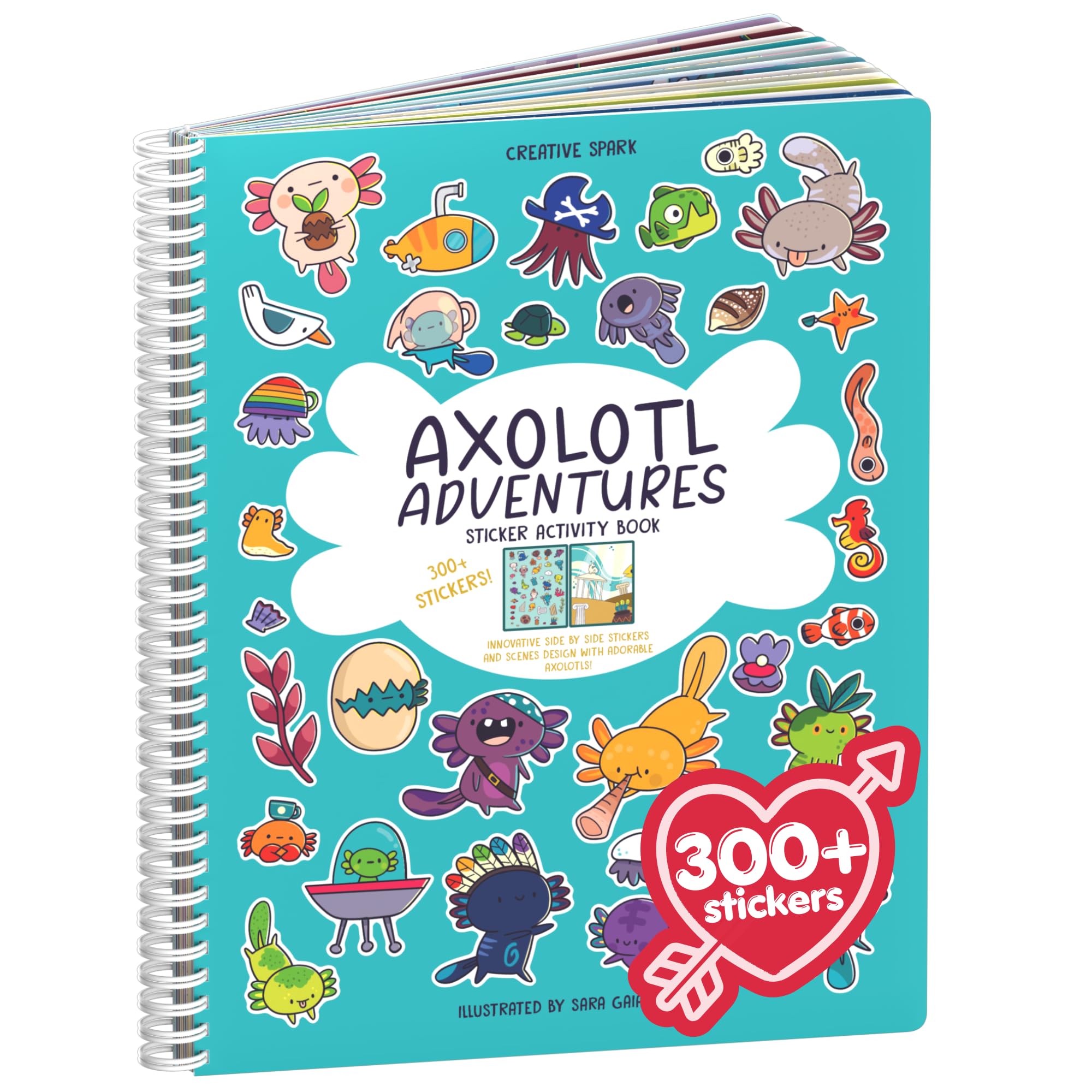 Cupkin Axolotl Sticker Book Activity, Toddler Airplane Travel Essentials, 300+ Axolotl Stickers for Kids + Eight Scenes + 8 Coloring Book Pages,