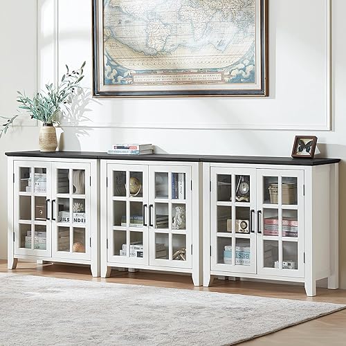 Vista 10 de Aparador Buffet Grande con Almacenamiento, 32" Gabinete Negro Estilo Granja para Cocina Café Vino Bar con 2 Puertas de Vidrio, Mesa Aparador
