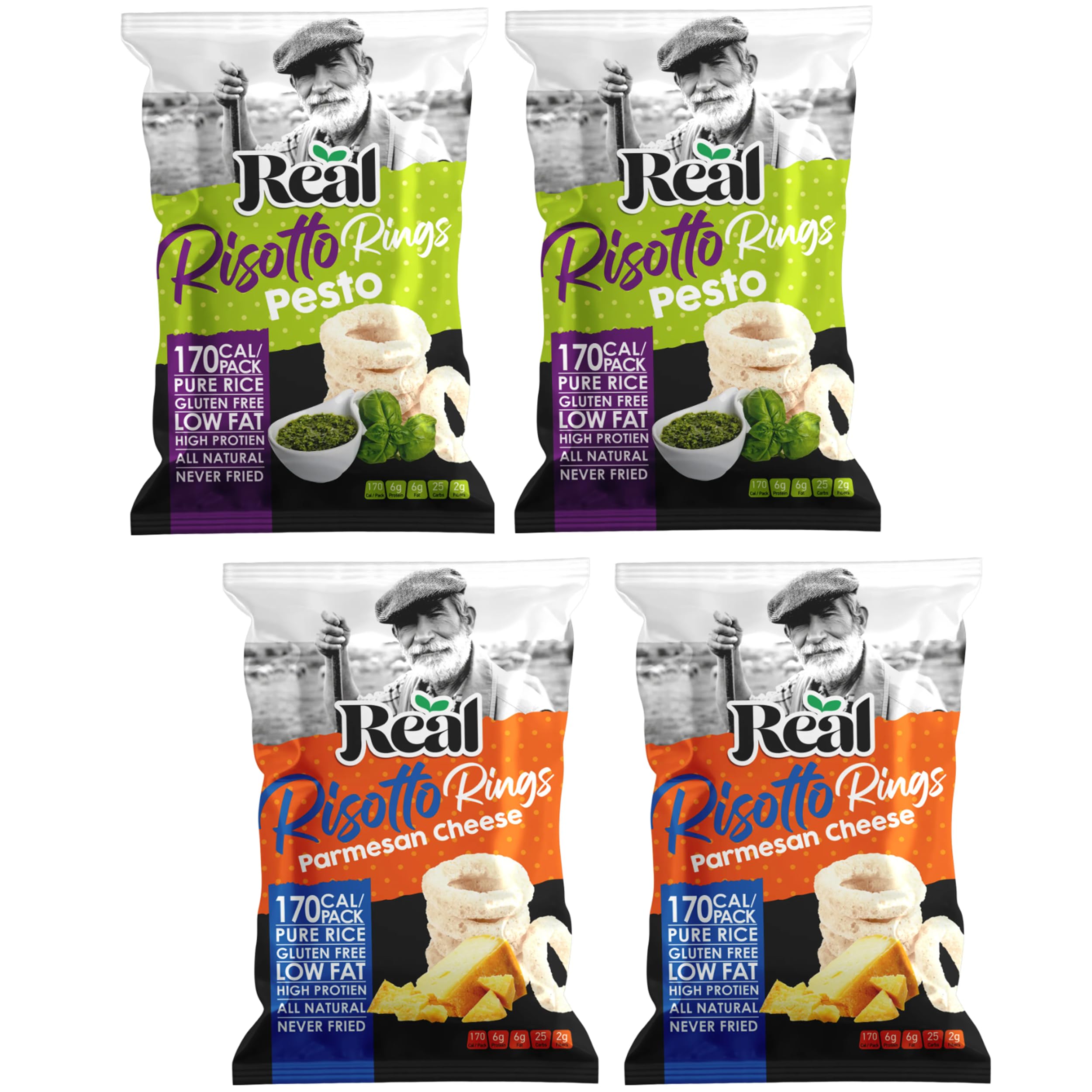 Food FactorReal Chips Risotto Rings, Pure Rice Chips, Low fat, Never fried, Gluten-Free, High-Protein Snack, Pure Rice, 5g Protein per 40g (PACK OF 4, ASSORTED FLAVORS)