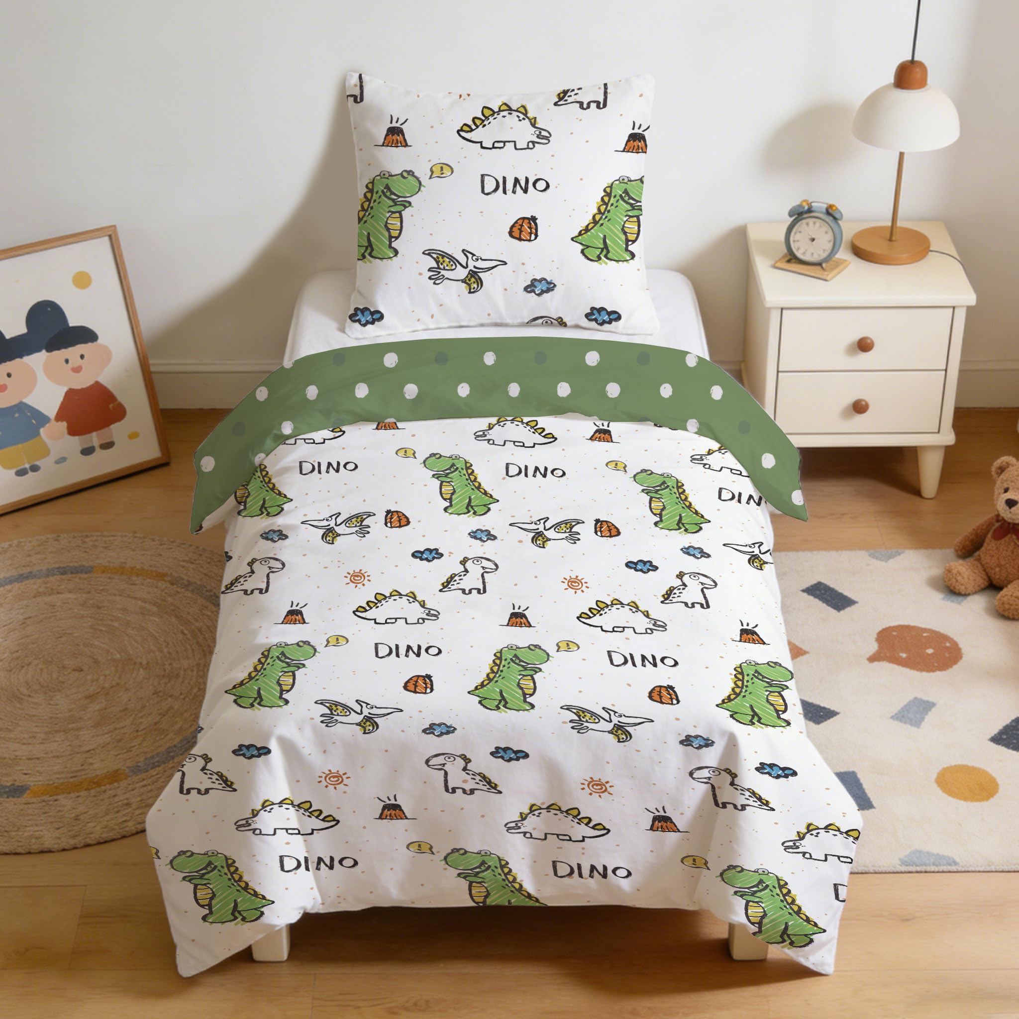 Parure de lit enfant coton 135x200 dinosaure housse de couette garçon fille taie 80x80
