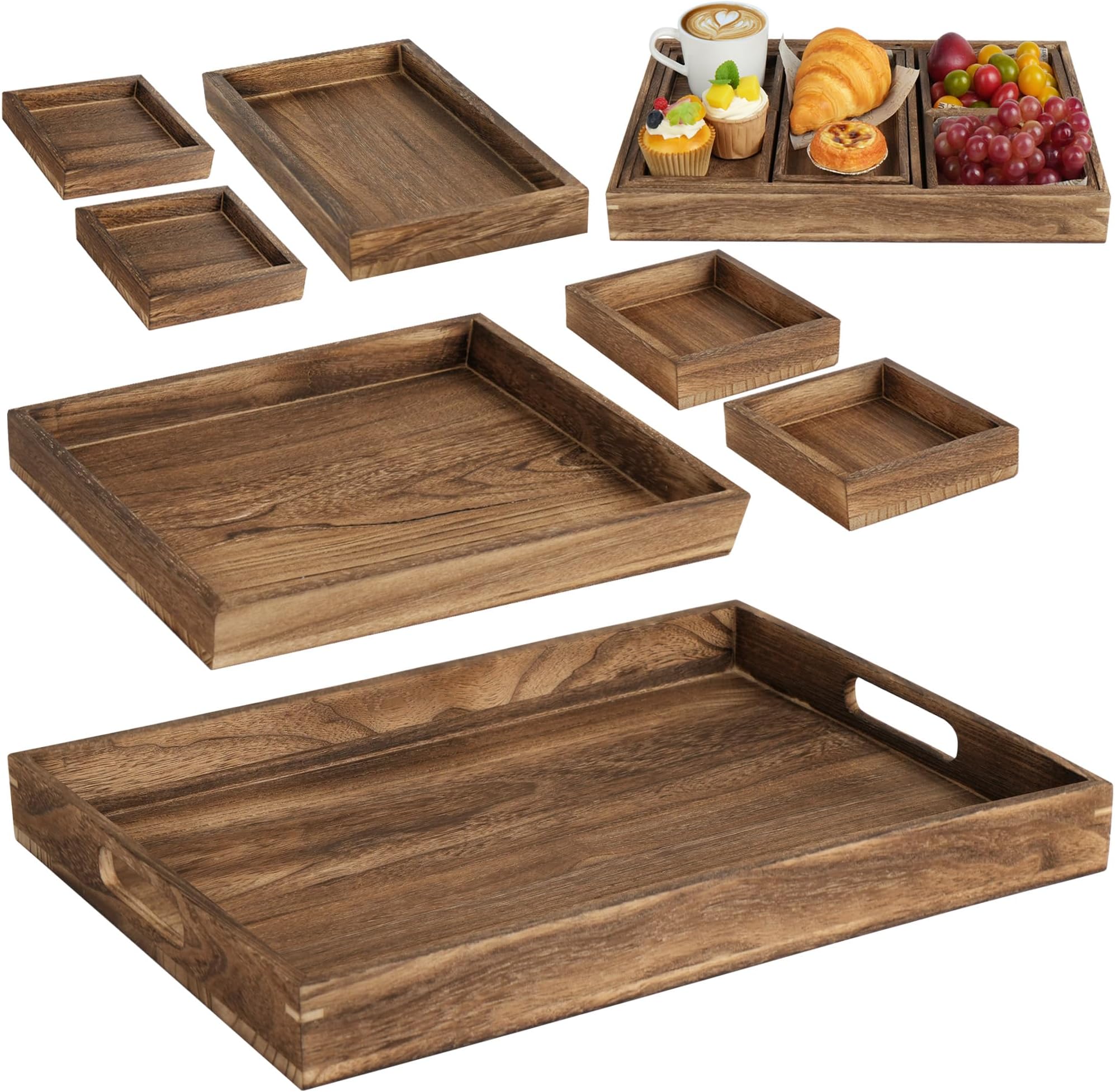 Lallisa 4 Pcs Rustic Wooden Serving Trays with Handle
