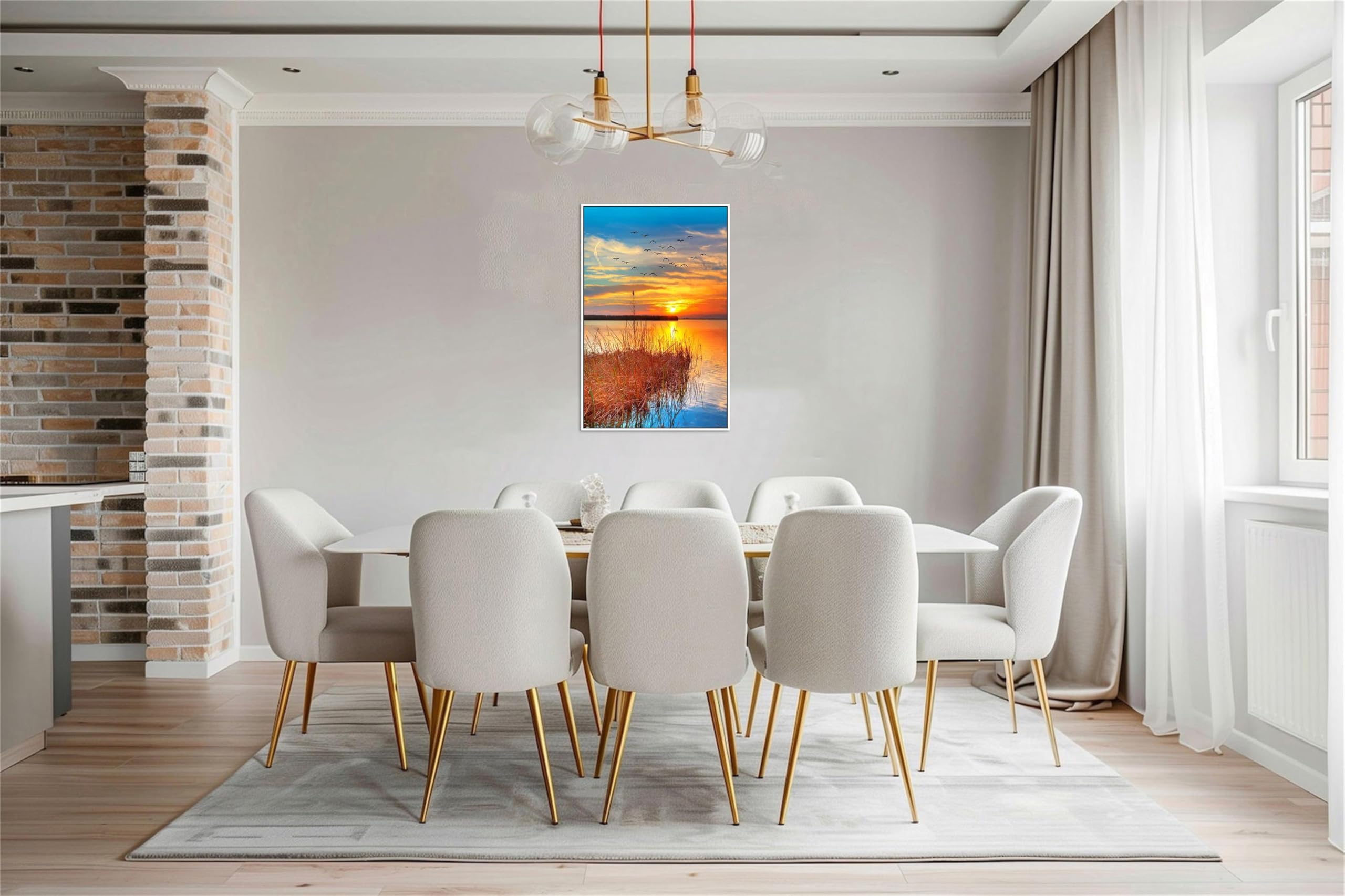 SDYSKKUG Landschaftsbilder. Wolken Sonnenuntergang Meer Gras. Moderne Bild Druck auf Leinwand. Weiß Rahmen Wandbilder für Wohnzimmer Wanddekoration 90x60cm