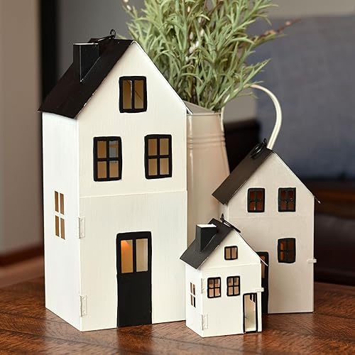 Miniatura 2 de Main Street Town House - Juego de 3 faroles para velas, estilo vintage, techos negros rústicos, paredes blancas, metal, 13.75, 8.25 y 5 pulgadas de