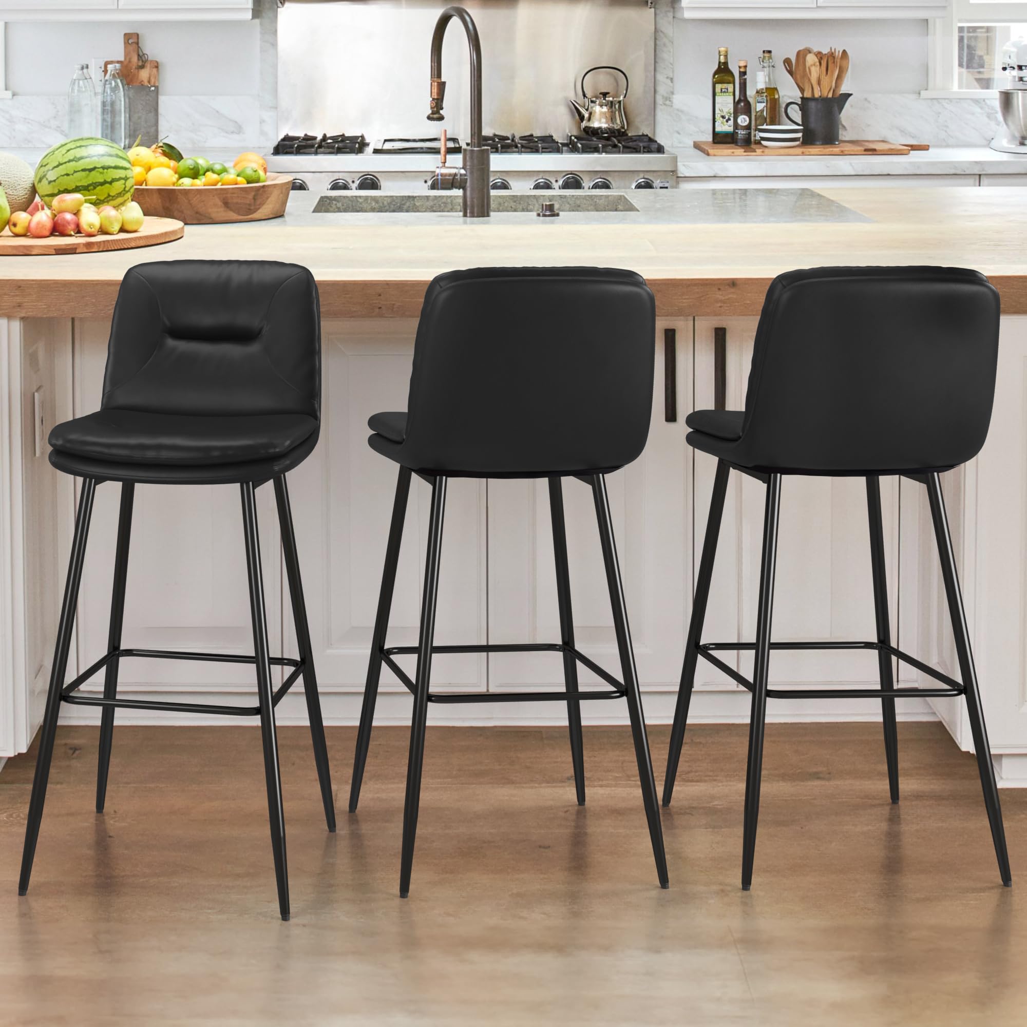 Bar Stools Set of 2, Double-Layer Upholstered Bar Height Stools for Kitchen Island Pub, Faux Leather Barstools with Backs, 30 Inch Bar Stool Chairs, Black- 2 BOXES, 4 CHAIRS
