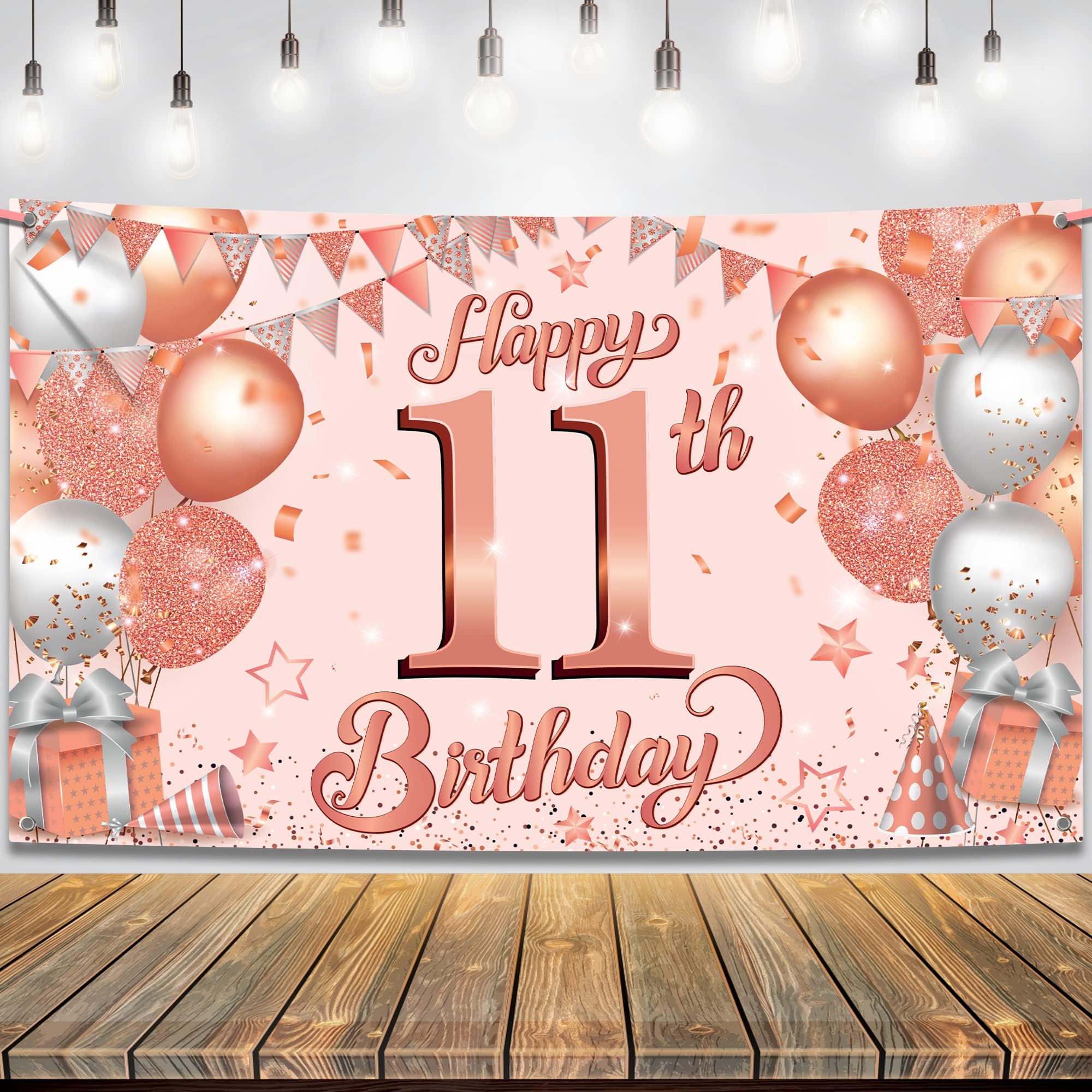 KatchOn, Rose Gold Happy 11th Birthday Banner - Large, 72 x 44 Inch | Rose Gold Happy 11th Birthday Backdrop for Girls | Happy 11th Birthday Decorations for Girls | 11 Year Old Birthday Decorations