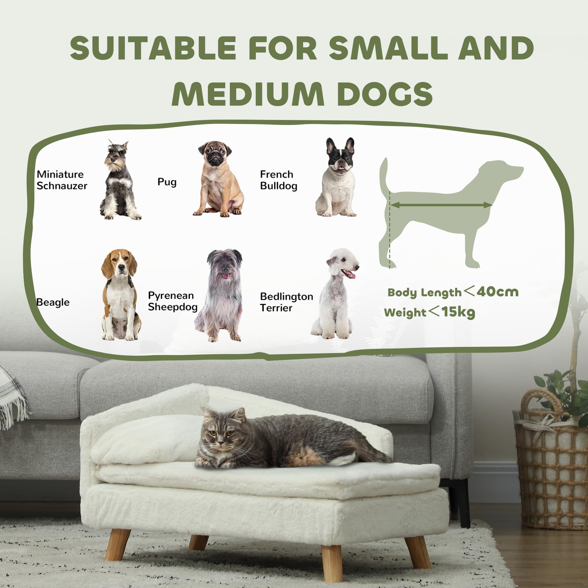 PawHut Sofá para perros, cama para gatos, con cojín suave, almohada, fundas extraíbles y lavables, felpa, 70W x 42.5D x 38.5H cm, crema
