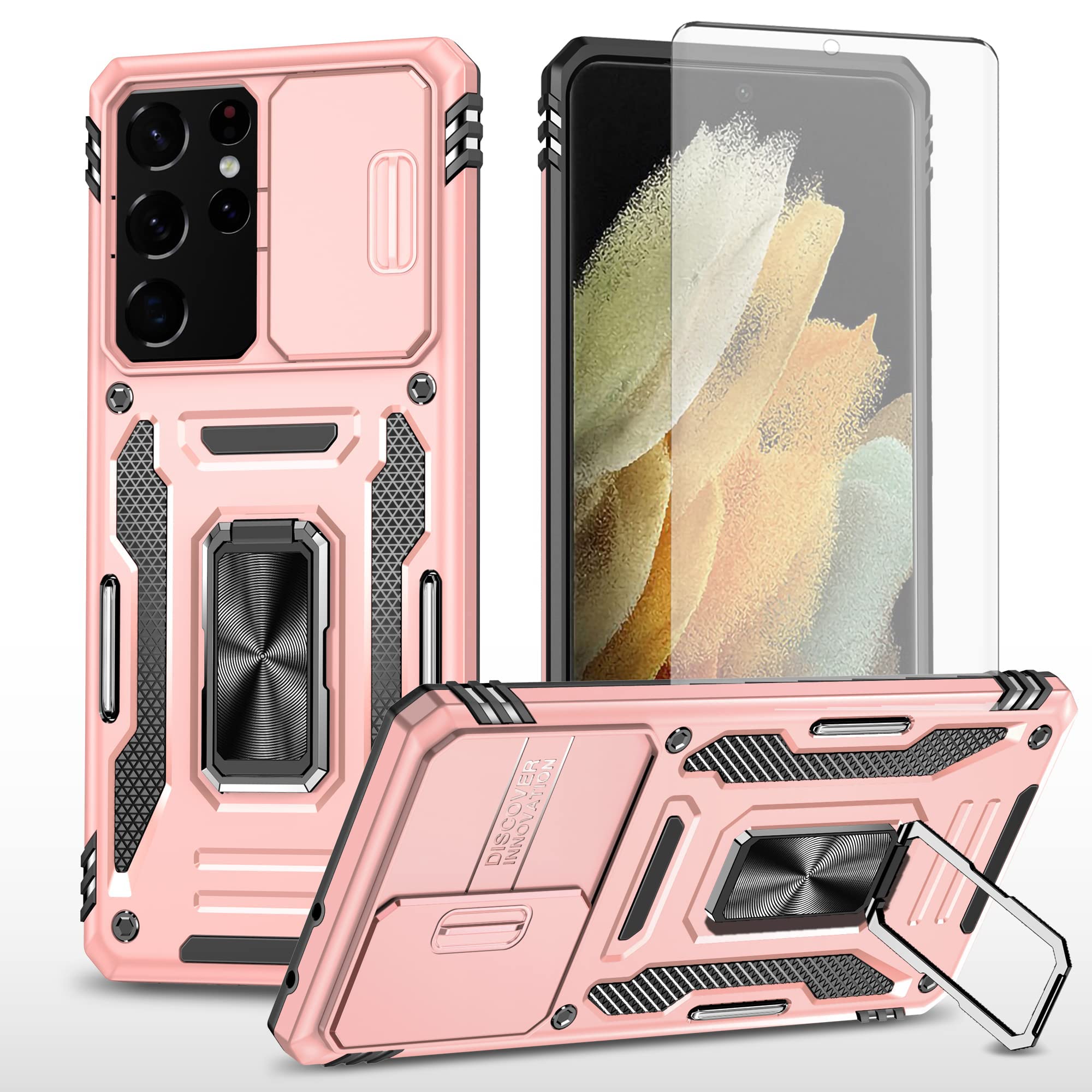 Asuwish Phone Case for Samsung Galaxy S21 Ultra Glaxay S21ultra 5G with Screen Protector and Slide Camera Cover Ring Holder Kickstand Cell Accessories