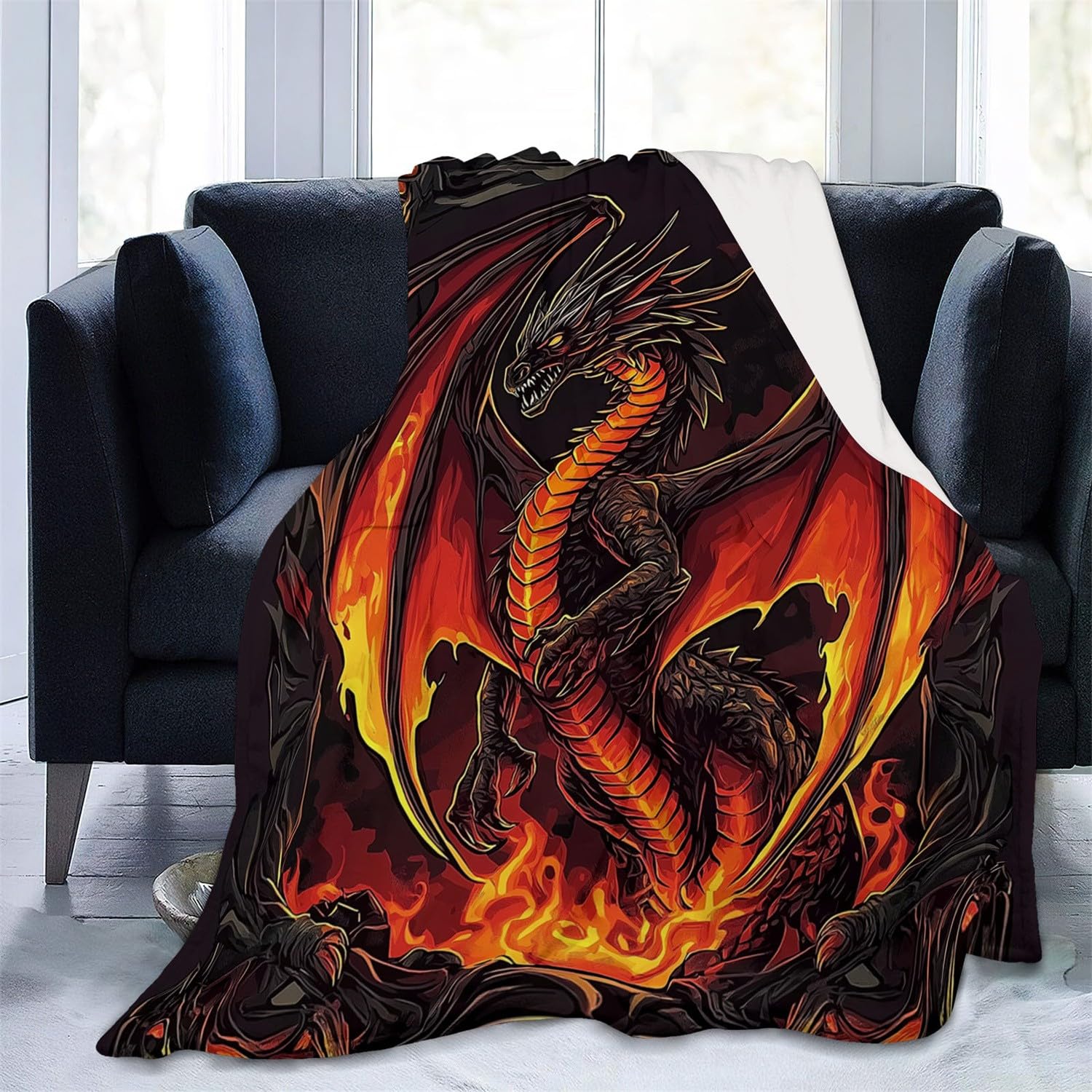 Decke 180 x 220 cm Kuscheldecken Sanft Flanell Weich Fleecedecke Dunkler Fantasy-Drache Bedruckte Decke für das Schlafzimmer Unschlagbar Weich Und Gemütlich Gold