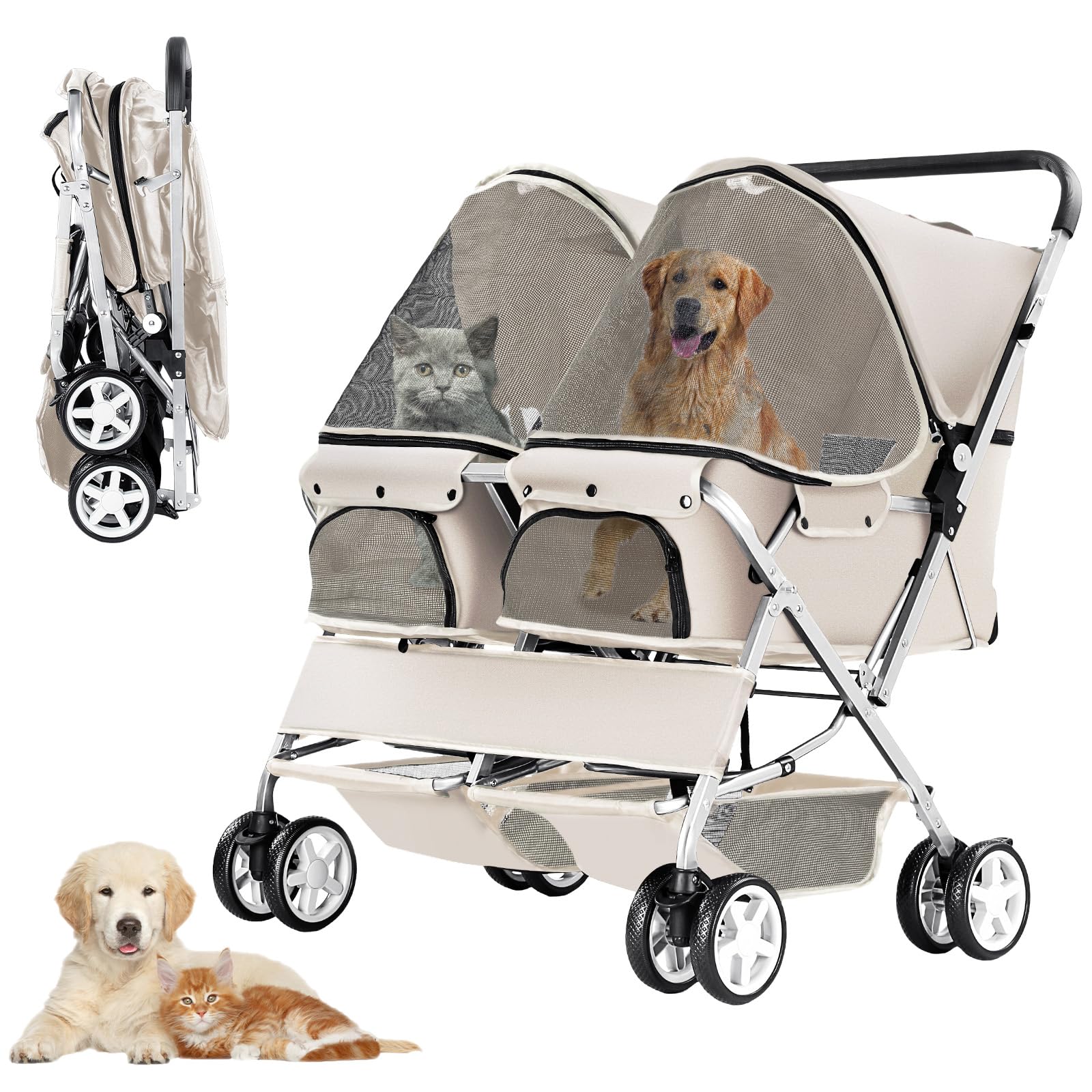 Carro para Perros Doble, Transportín para 2 Mascotas con Capacidad 20KG, Carrito Plegable con Ruedas y Cesta de Almacenamiento + Freno de Mano (Perros Medianos/Pequeños), Gris