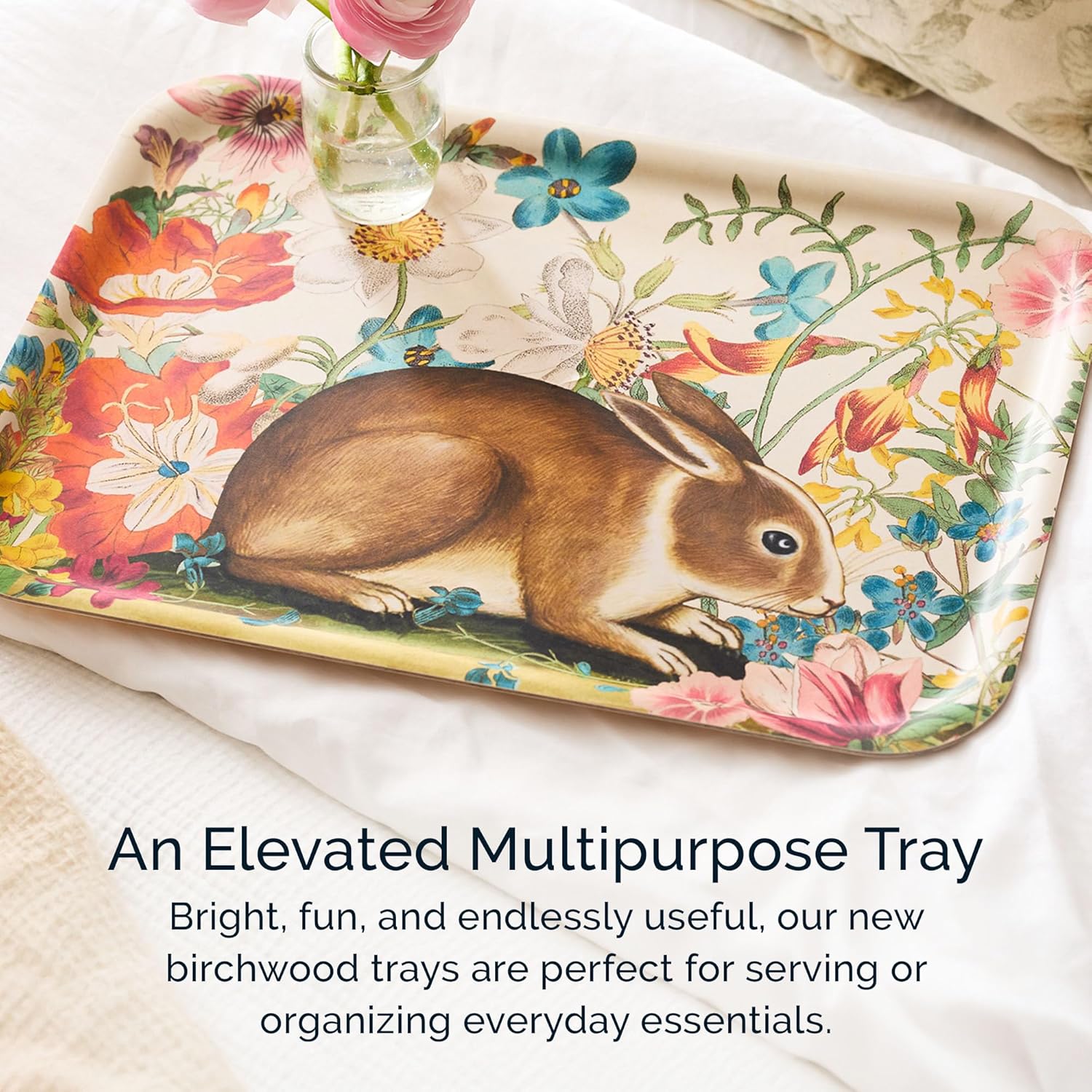 Caskata Bunny Maximus Large Rectangular Birchwood Tray | Birchwood and Wipeable Melamine | Perfect for Home, Entertaining, Gifts | Multicolor, 16.5W X 12.5L