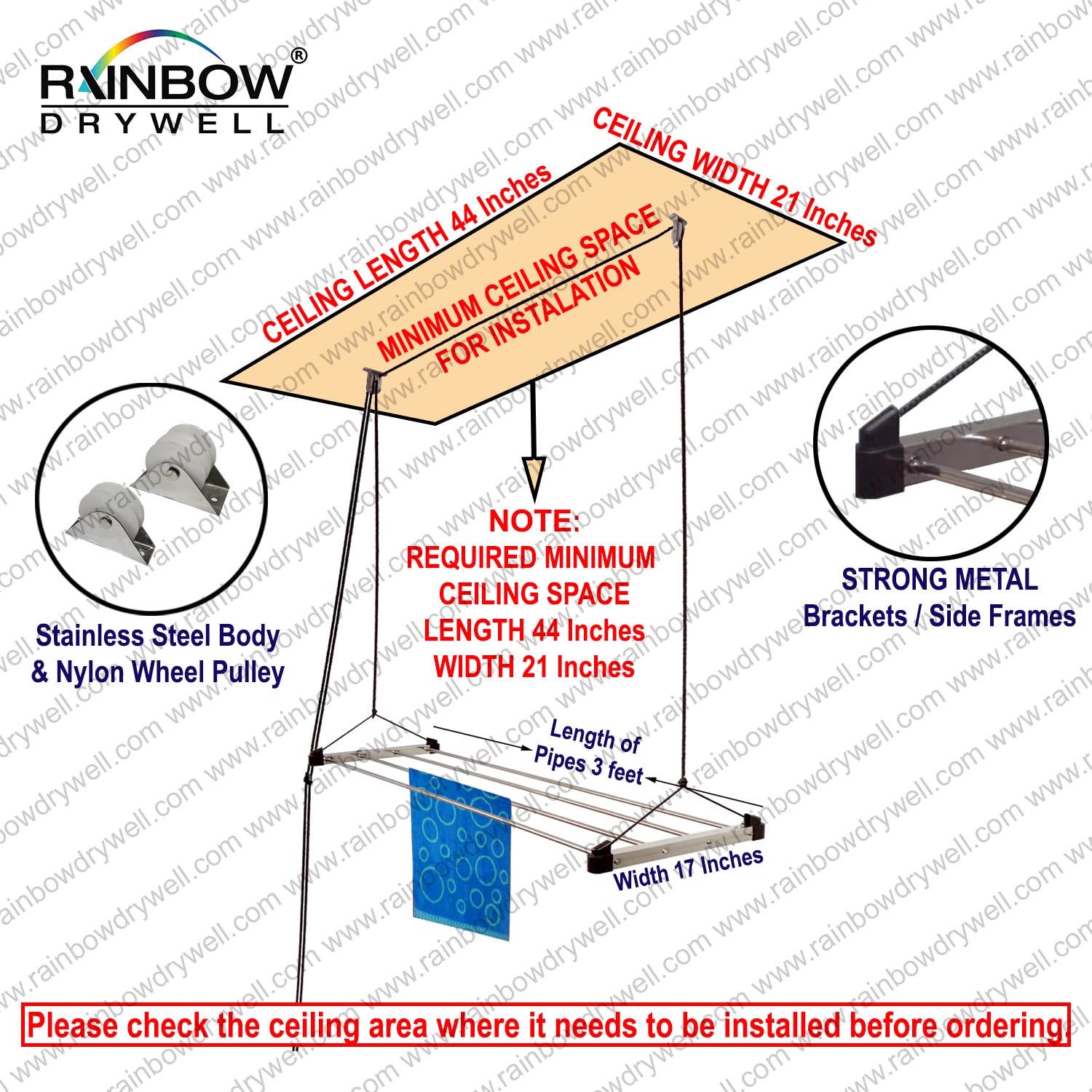 Rainbow Drywell Economy Heavy Duty Stainless (Steel 4 Pipe x 3 Feet) with UV Protected Nylon Rope Ceiling Cloth Dryer | Cloth Drying Stand for Balcony | Clothes Stand for Drying 1