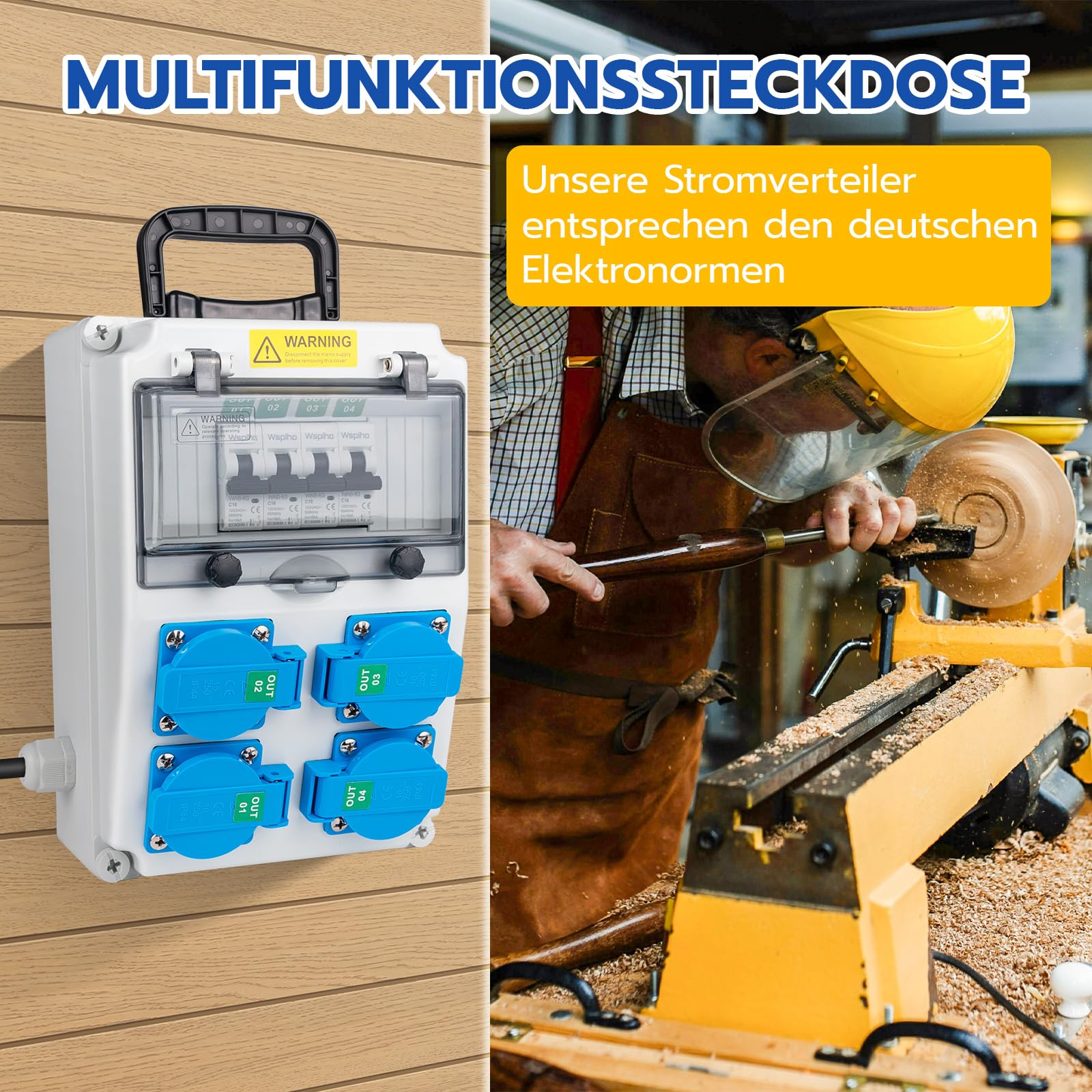 Baustromverteiler 16 A mit 1 Polig Leitungsschutzschalter,Wandverteiler mit 16 A Steckdose,Starkstrom verteiler Stromverteiler mit Griff für Außenbereich Baustrom (4×16A 1P LS mit Griff)