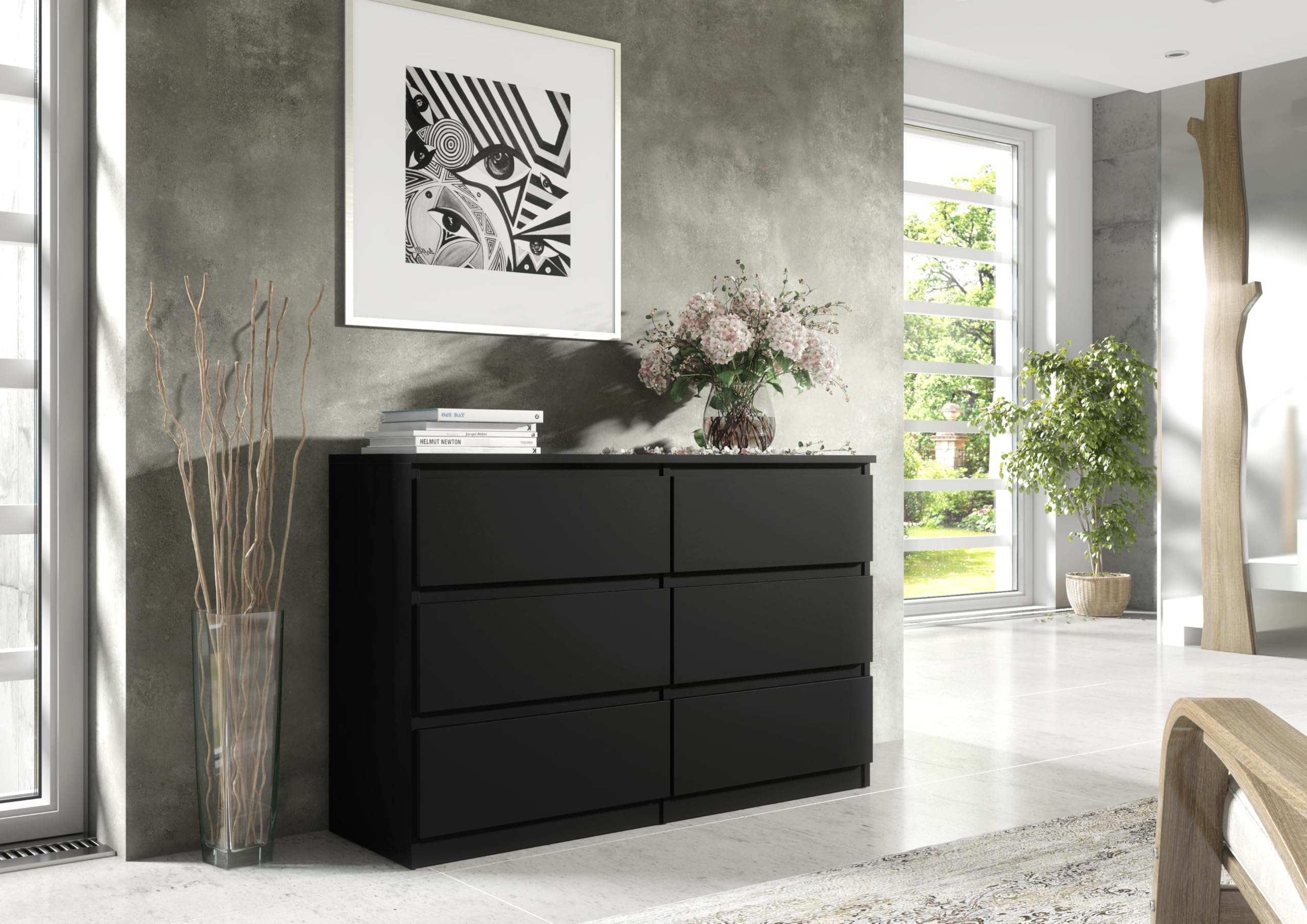 meble masztalerz Kommode Schwarz Matt mit 6 Schubladen 140 cm - Sideboard Wohnzimmer, Schlafzimmer -H: 78,5cm, B: 138,6 cm, T: 39 cm - Kommode mit Schubladen - Schubladenschrank