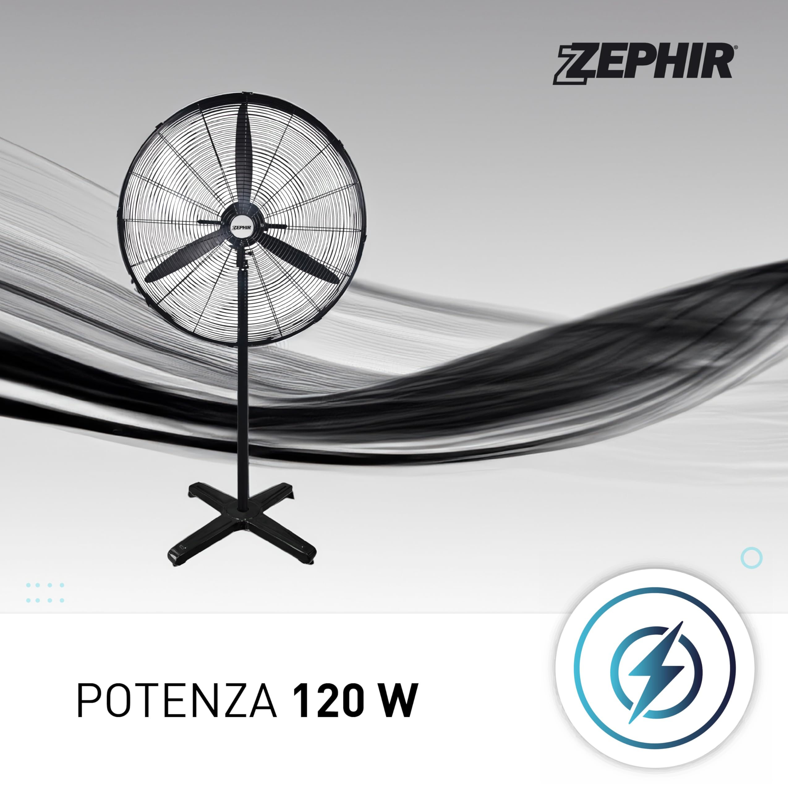 Zephir, Ventilatore Industriale a piantana, Diametro 65cm, 3 velocità, 3 Pale in Alluminio, Oscillazione a 70°, Dispositivo antisurriscaldamento, Altezza max.150cm, Potenza 120W