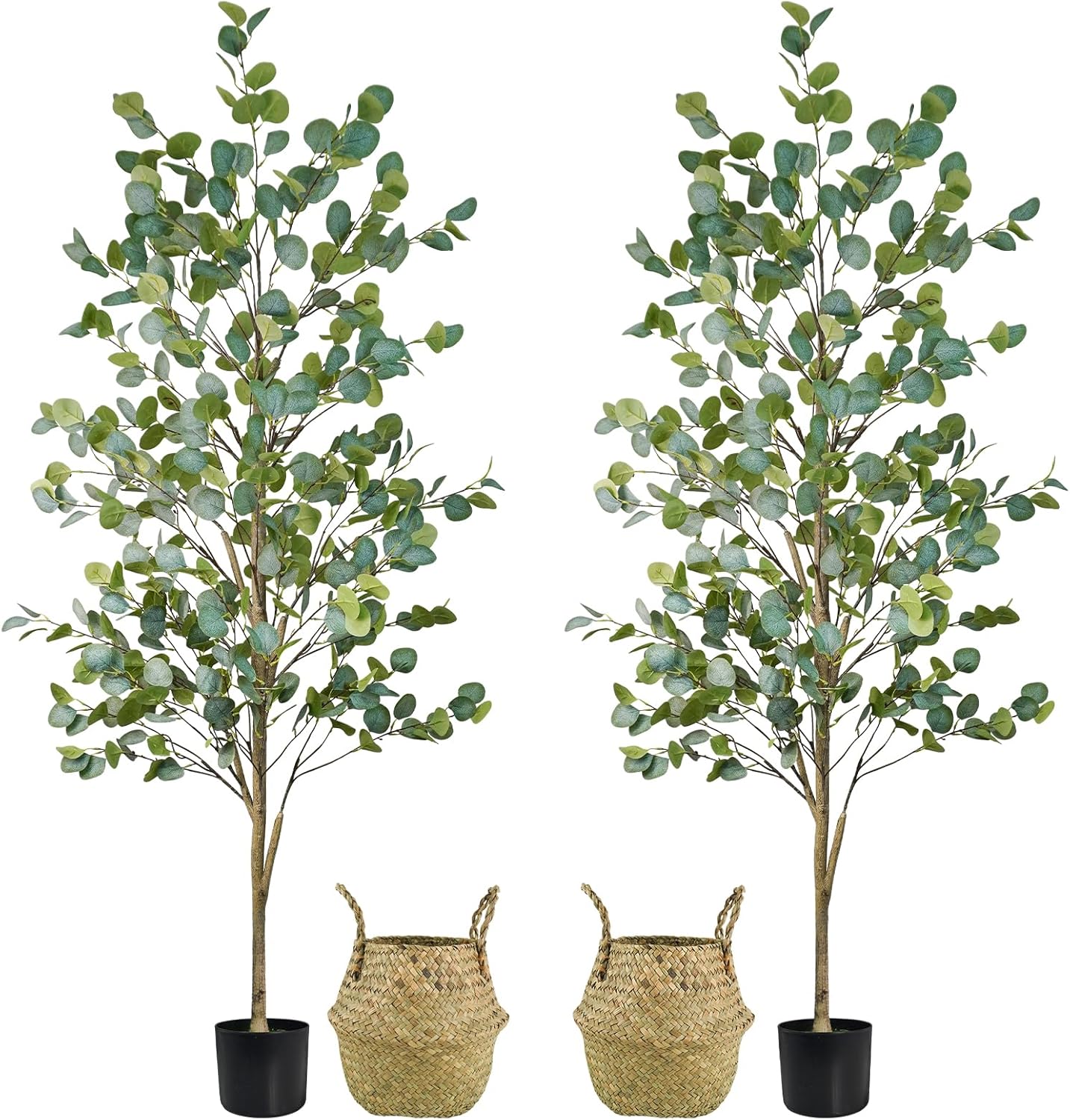 Artificial Eucalyptus Tree 6FT, Faux Tree for Indoor Outdoor, Potted Plants with Planter and Basket, Lifelike Silk Plants with Natural Wood Trunk, Home Office Greenery Decor, 2 Pack Eucalyptus 2