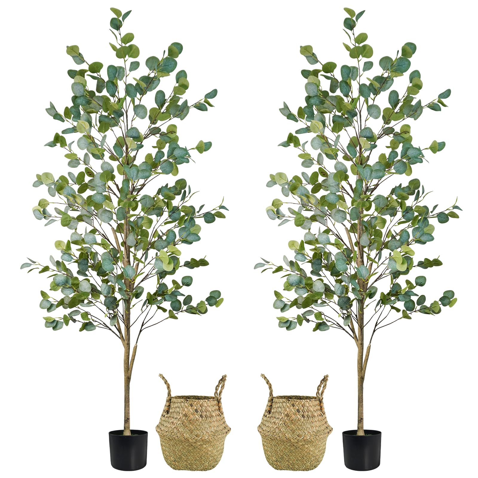 Artificial Eucalyptus Tree 6FT, Faux Tree for Indoor Outdoor, Potted Plants with Planter and Basket, Lifelike Silk Plants with Natural Wood Trunk, Home Office Greenery Decor, 2 Pack