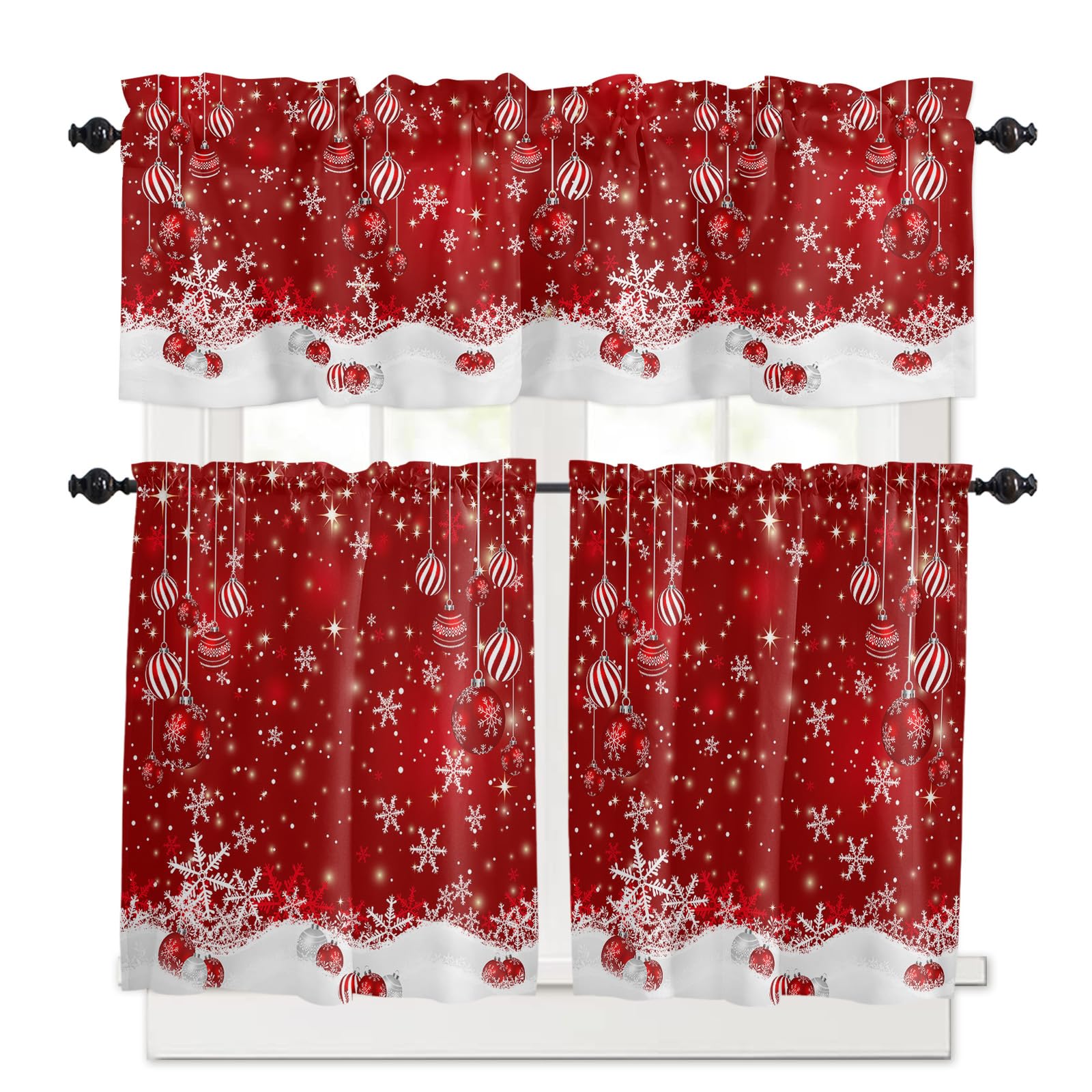 CosyBright Juego de 3 cortinas de cocina y cenefas de Navidad, diseño de bola de Navidad roja, copo de nieve, color rojo nieve, cortas, 24 pulgadas, con bolsillo para cortinero, para dormitorio