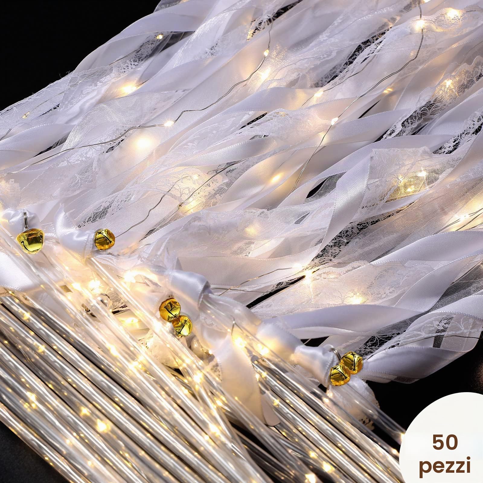 Bacchette Magiche per Matrimonio con Bagliore di Luce LED, Bacchetta Magica con Campana, Matrimonio Nastro, Bacchette da Sposa, Bacchette Nuziali, Bacchette di Pizzo Romantiche con Nastri Nuziali