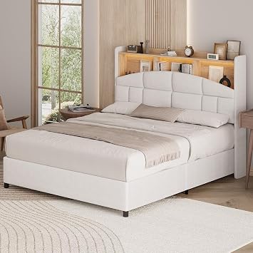 REVOMINCA Queen Size Bed Frame with Headboard and LED Lights, Velvet Upholstered Platform Bed Frame with Wooden Slats Support, No Box Spring Needed, No Noise, Beige