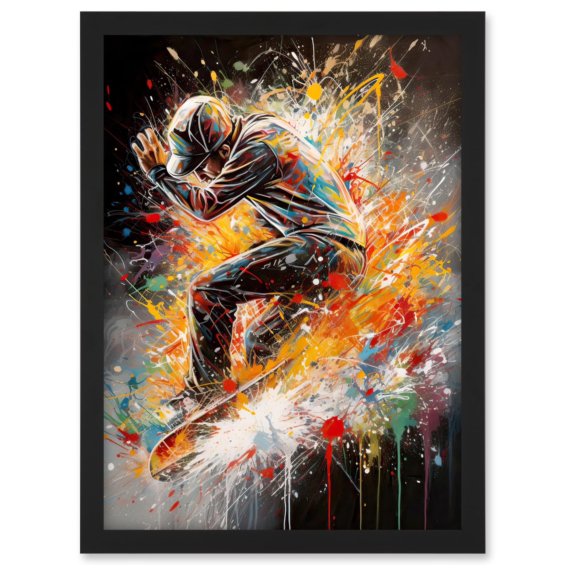Artery8 Skateboarder Vibrant Splat Paint Action Shot Artwork Framed A3 Wall Art Print