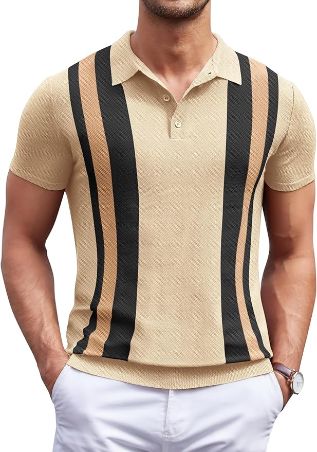 COOFANDY Men's Knit Polo Shirt Short Sleeve Vintage Striped Golf Shirt