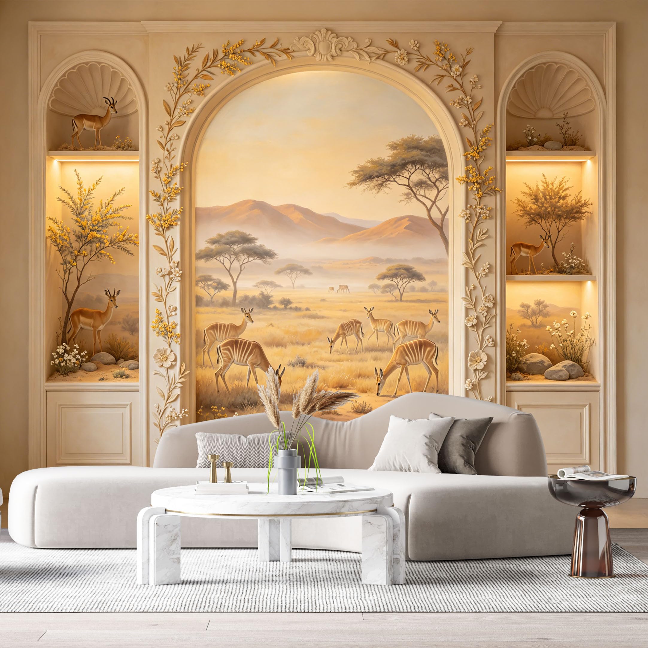 Custom Size Wall Mural Safari Wildlife Landscape Oil Painting 3D Trompe L'Oeil SelfAdhesiveWall Fabric Removable Wallpaper Wall Decor for Living Room Bedroom Bathroom