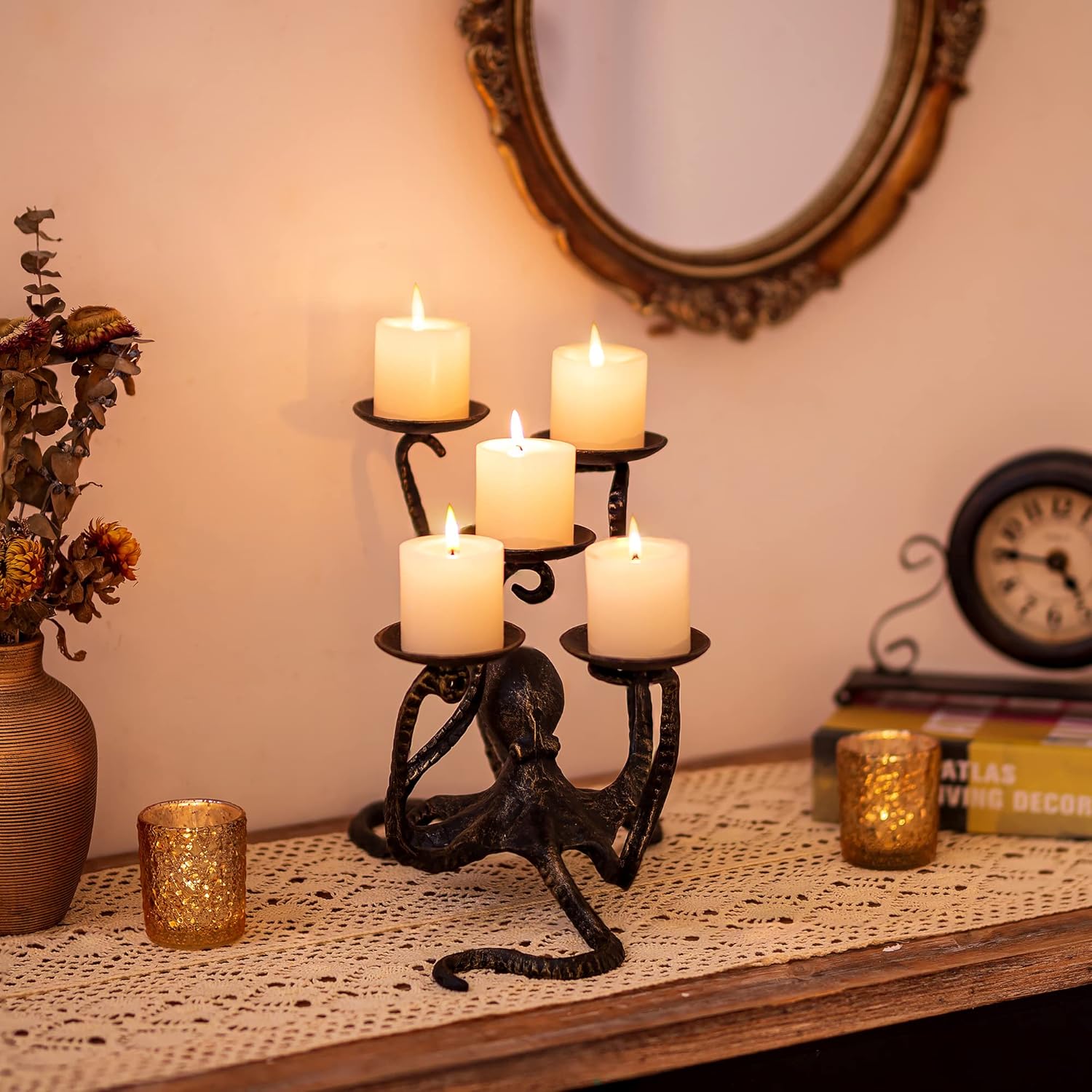 Sziqiqi Gothic Candle Holder Octopus Decor for Pillars Tealight Fireplace Candelabra 5 Candles for Halloween Dining Table Bathroom Cast Iron Vintage Octopus Seaside Decor