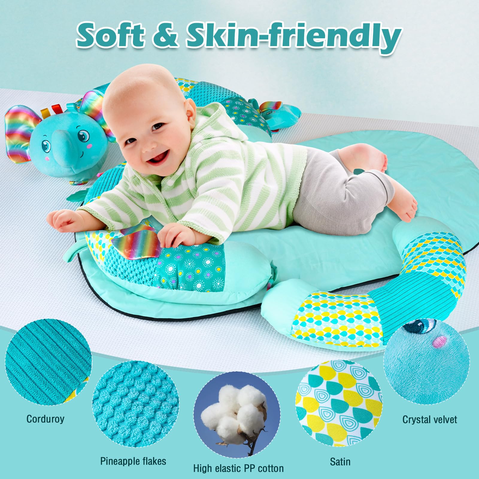 Weinsamkeit Baby Spielzeug 3 6 9 12 Monate, Tummy Time Toys, 3 in 1 Abnehmbares Elefant Spielkissen, Bauchlage Helfen Sitzen Stützen Babyspielzeug 0-12 Monate mit Rassel, Spiegel, Beißring