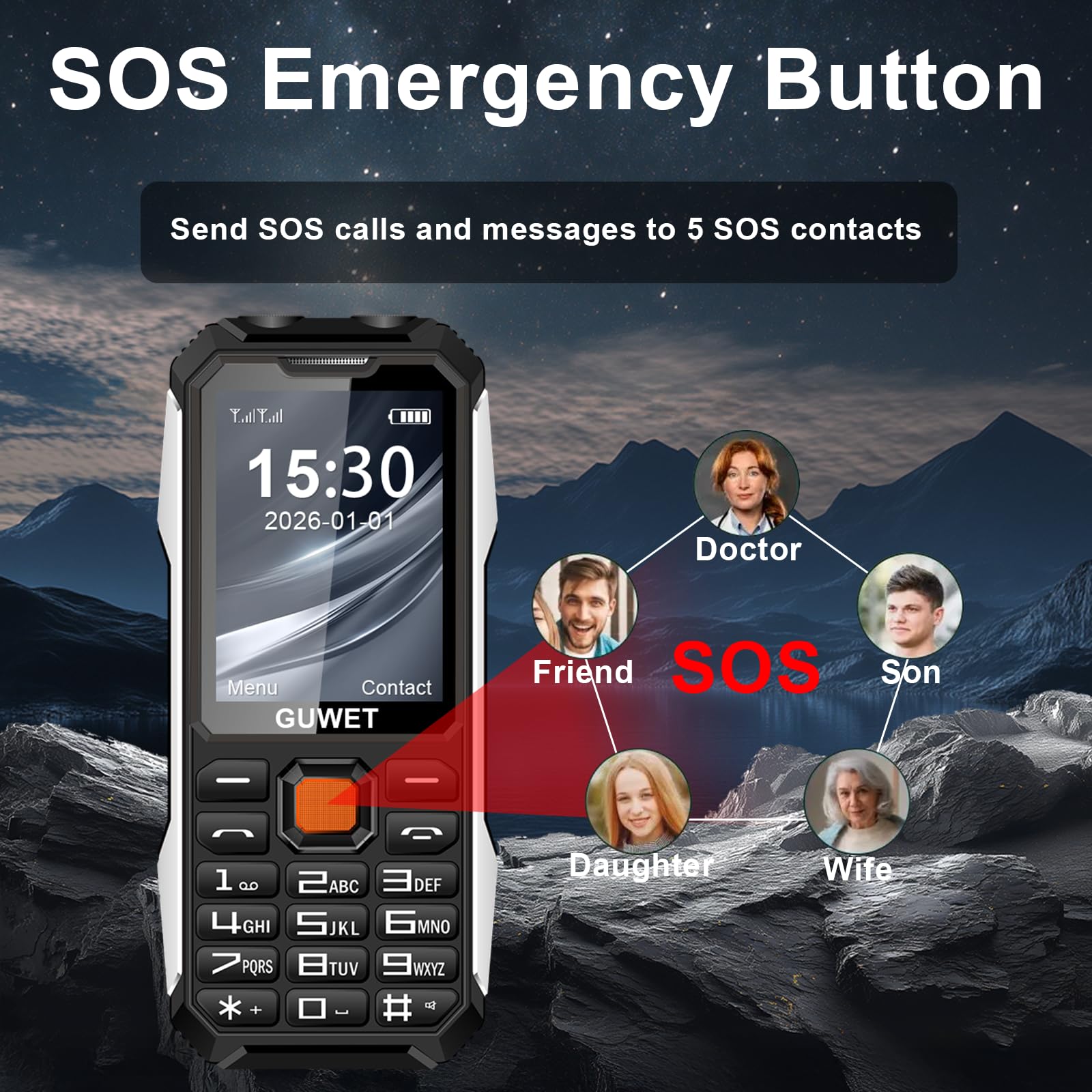 A6 2G Outdoor-Handy ohne Vertrag, 6800-mAh-Akku für extrem Lange Standby-Zeiten, robust und sturzfest, SOS-Notruffunktion, große Tasten, Dual-SIM mit Notruftaste, Schwarz
