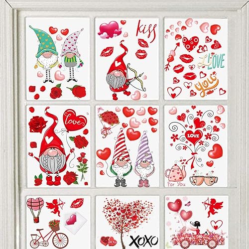 9 hojas de calcomanías para ventana del día de San Valentín 149 unidades calcomanías románticas de gnomo de San Valentín calcomanías de ventana de