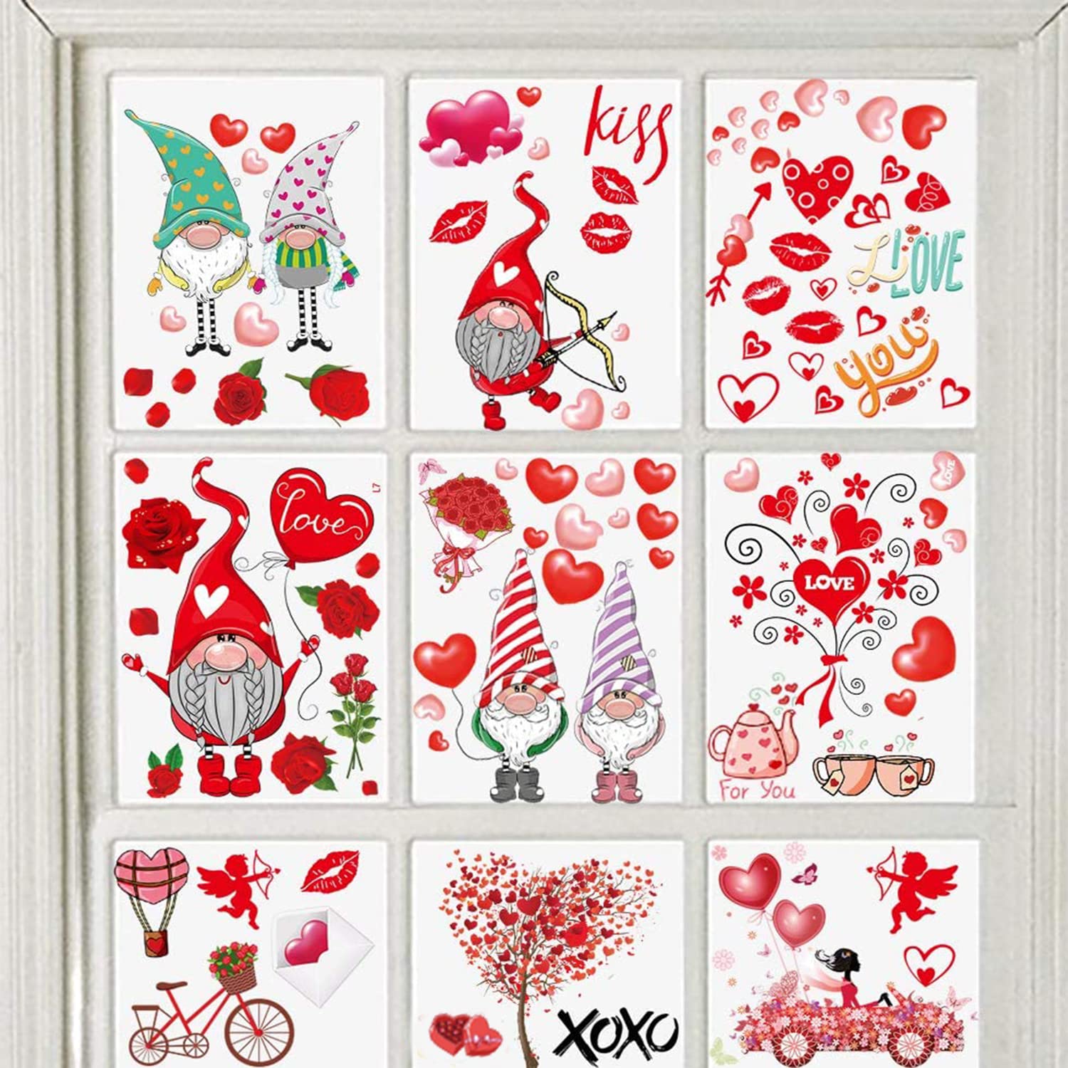 9 Sheet Valentine's Day Window Cling Stickers-149Pcs Valentines Gnome Window Stickers Romantic Love Heart Rose WindowDecals Holiday Glass Window