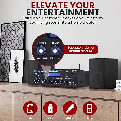 Miniatura 4 de Pyle Amplificador estéreo inalámbrico BT - Multi canal, 200 vatios de potencia, sistema receptor de audio para el hogar con radio FM, BT, USB SD,