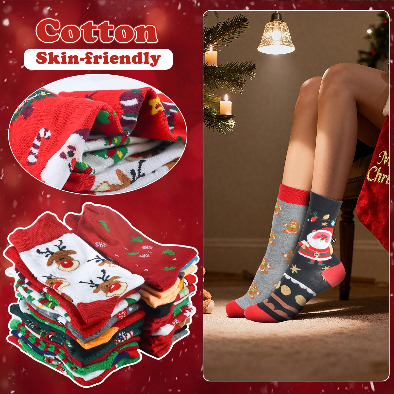 Calendrier de l'Avent de Noël 2025, 24 Chaussettes de Noël Unisex(sans paires), Taille 35-38, Calendrier de l'Avent de Chaussettes Adulte Cadeaux de Fête de Noël pour Femmes et Hommes