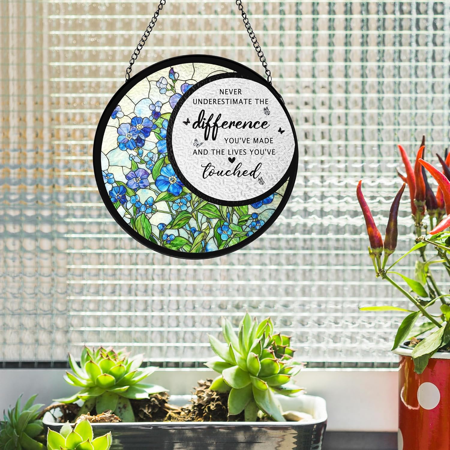 Difference Maker Gift Stained Glass Window Hanging, Thank You Appreciation Gifts, Blue Forget Me Not Flower Suncatchers Sun Catchers Indoor Window Glass Wall Art Decorations, 7.9x7.9in