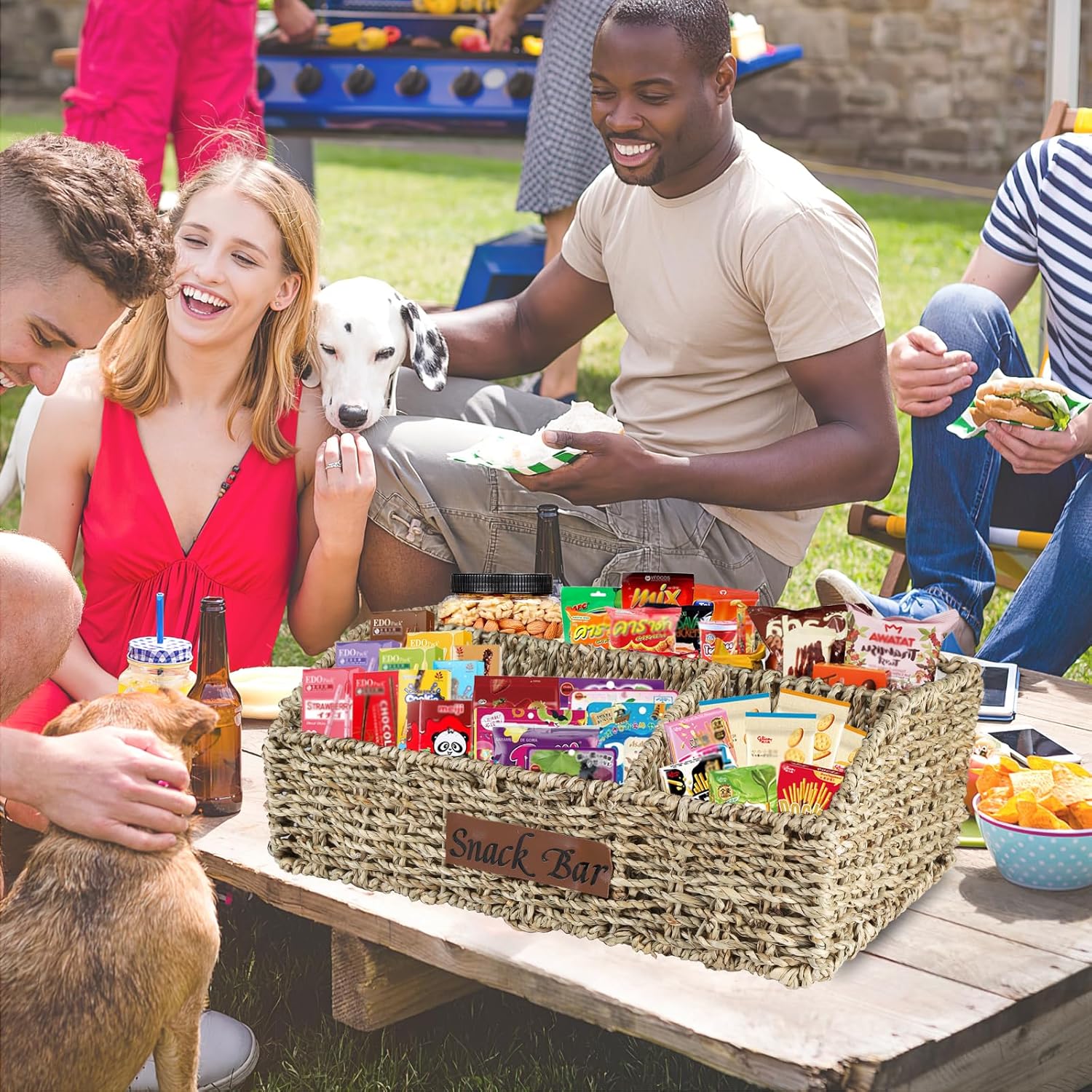 Snack Organizer for Countertop, Trapezoid Snack Organizer Seagrass Wicker Basket, 3 Compartments Snack Box Container, Snack Bar Station Organizer, Kitchen Cabinet Pantry Organizer and Storage
