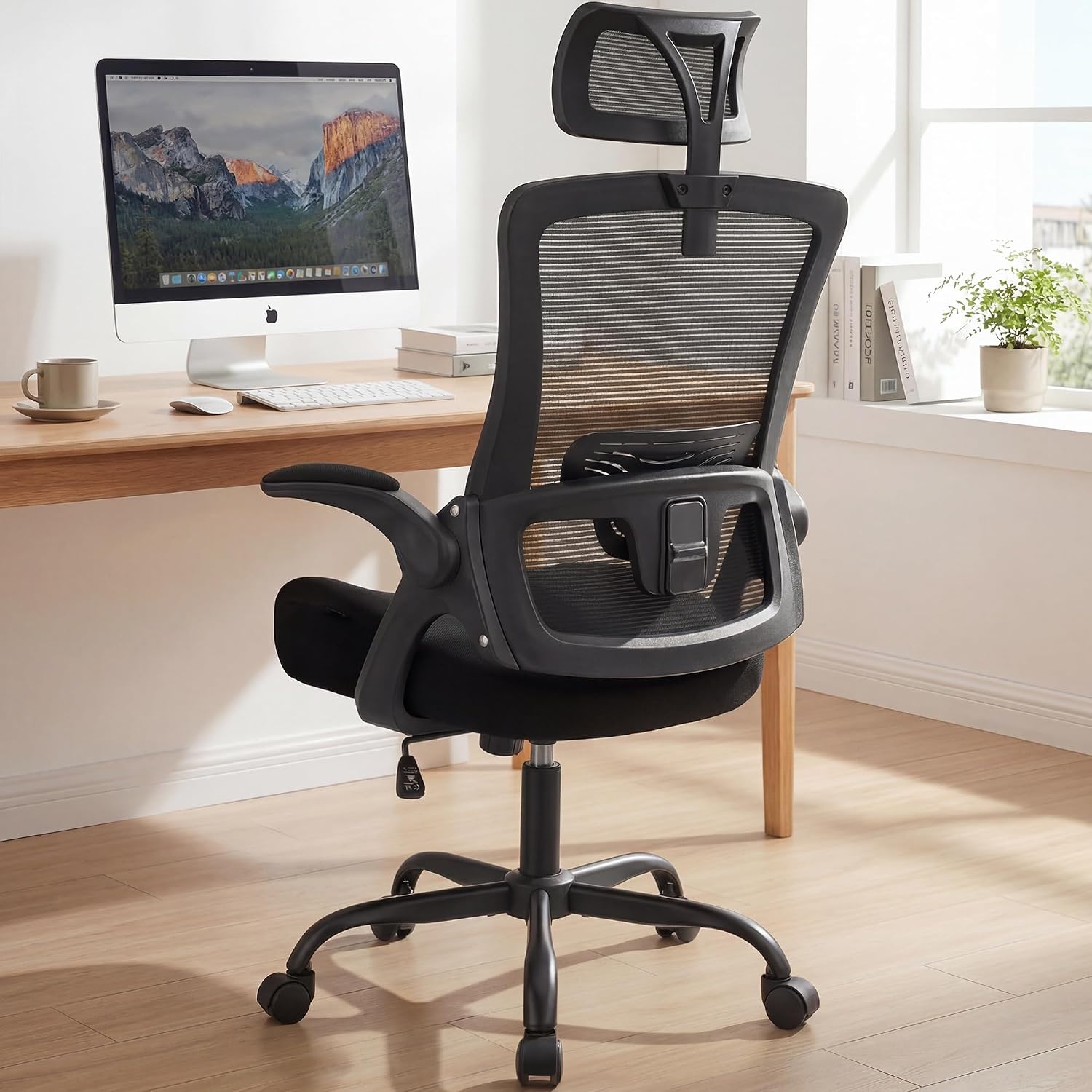 NEO CHAIR Office Chair High Back Desk Chair Comfy Gaming Computer Mesh Seat with Ergonomic Lumbar Adjustable Headrest Rolling Flip-up Armrests and Wheels (All Black)