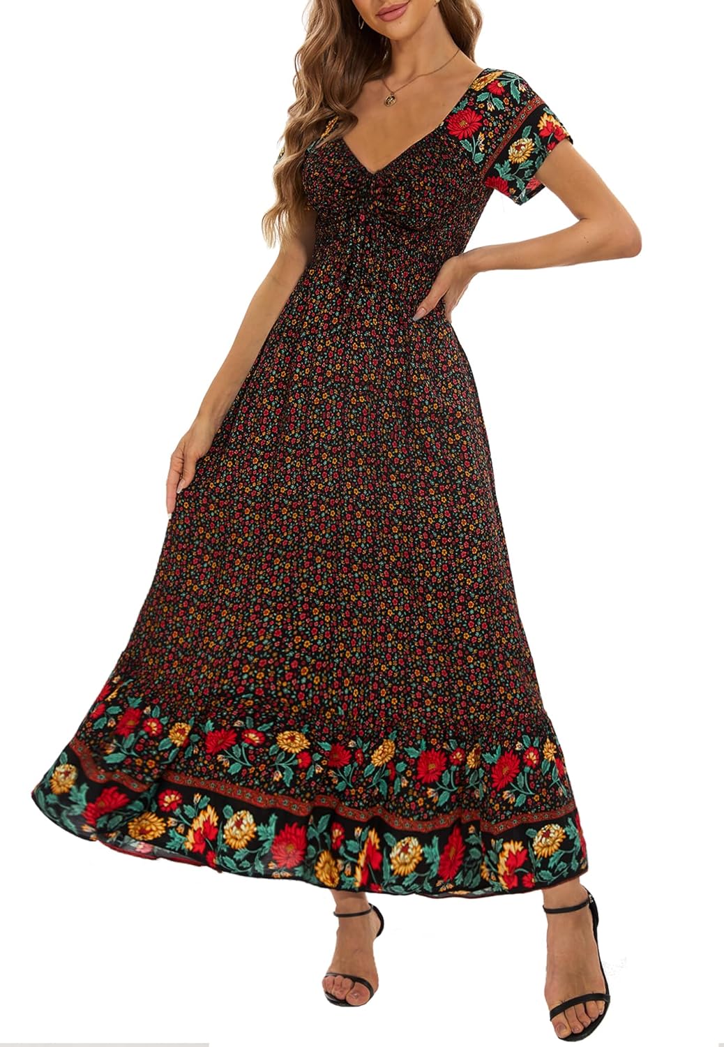 Women's Summer Casual Short Sleeve V Neck Smocked Elastic Waist Tiered Boho Floral Flowy Maxi Dress - Image 2