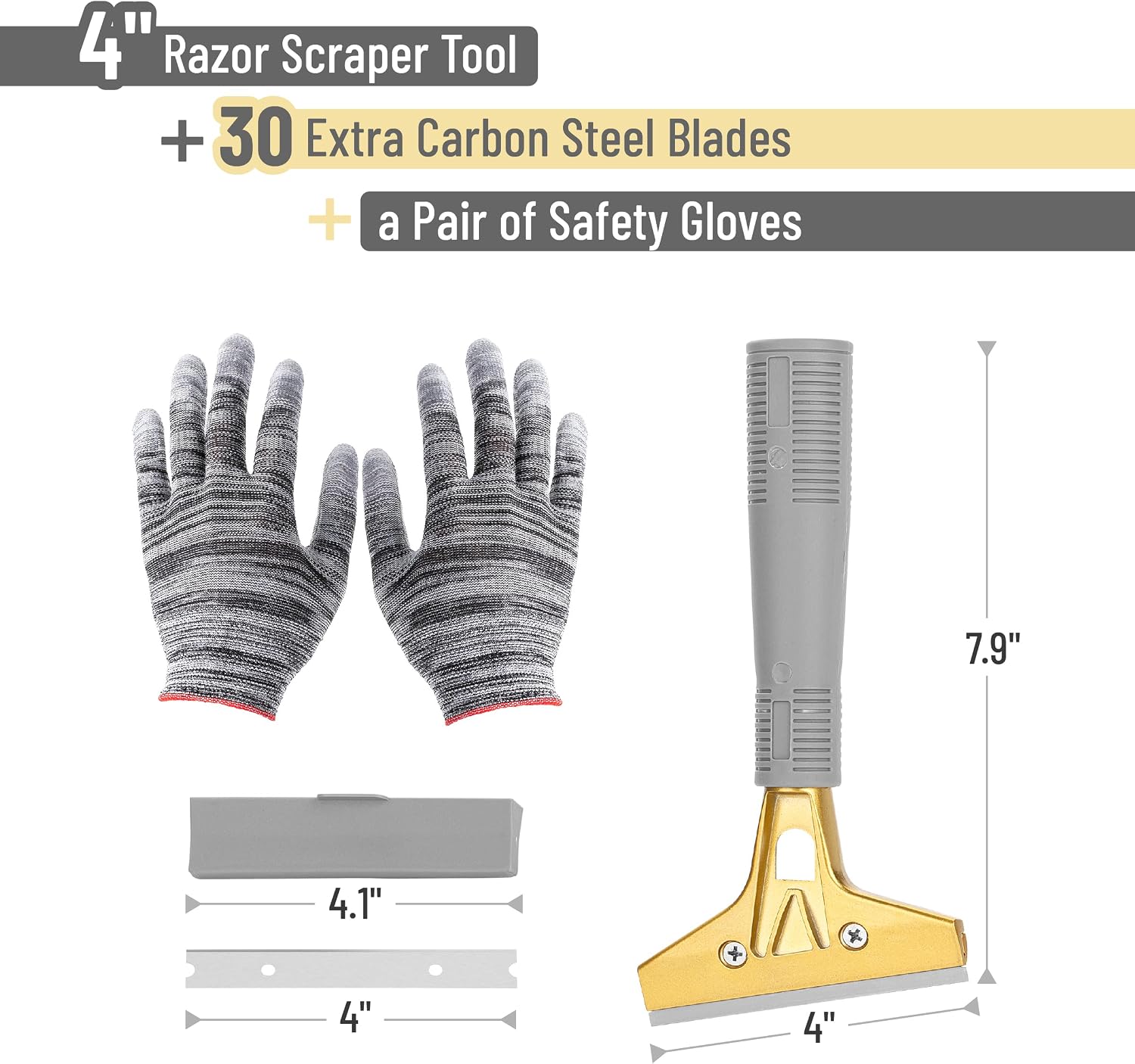 - Razor Blade Scraper Tool, 4 Inch, Floor Razor Scraper Tool with 30 Extra Carbon Steel Blades and a Pair of Safety Gloves thumbnail