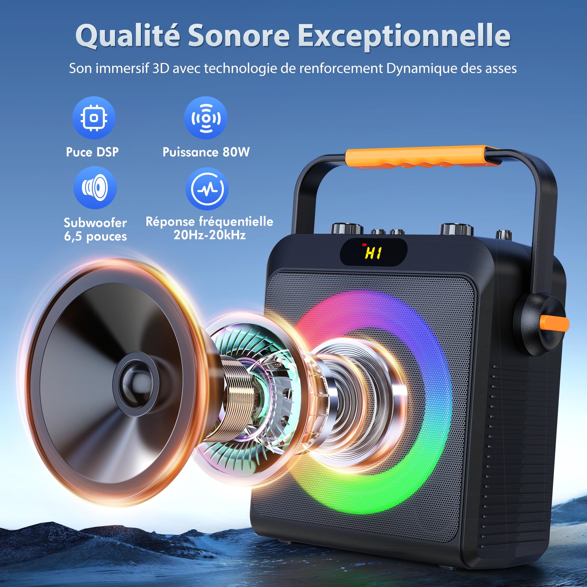 JYX Machine de Karaoké avec 2 Microphones sans Fil pour Adultes Enfants, TWS stéréo, 80 W Puissance Karaoke Professionnel avec 4 Mode Egaliseur Intégré, Karaoke Complete Supportant REC/AUX/USB/TF