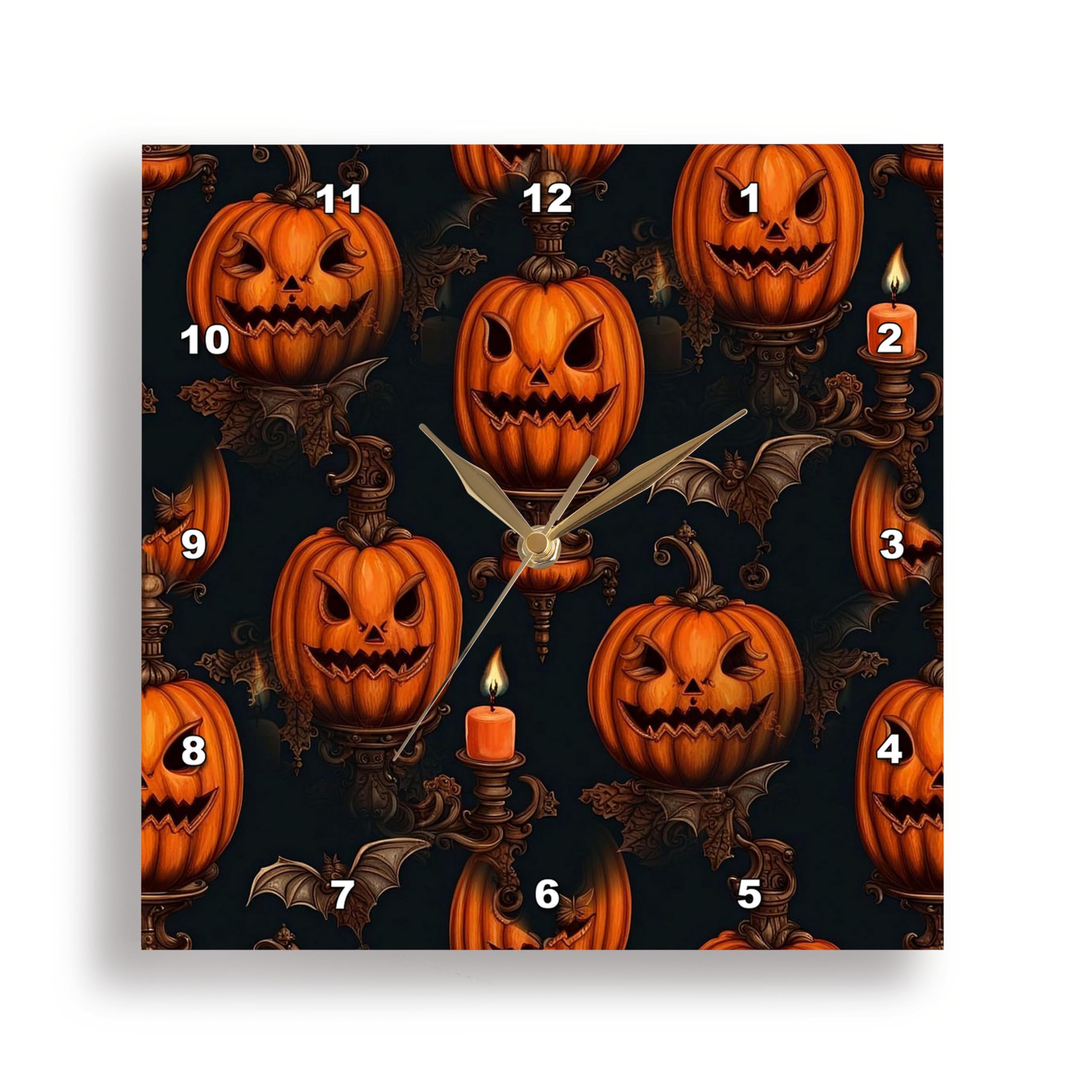 3dRose Wall Clock Silent - 13 inch - Jack O Lanterns, Flying Bats and Gothic Candle Sconce Cut Out - Vector Art - Halloween Lantern
