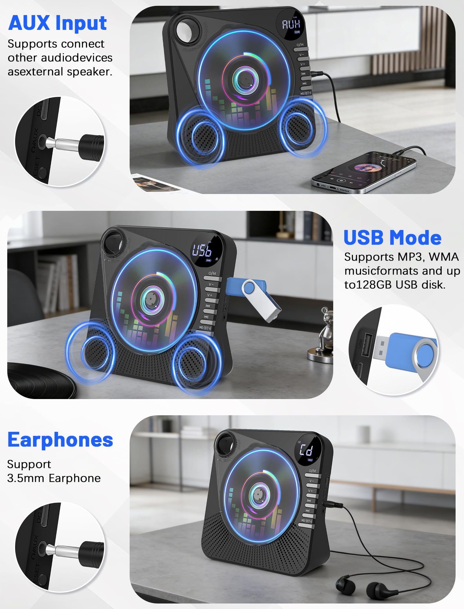 Gracioso Lettore CD portatile con Bluetooth, 4000mAh ricaricabile, altoparlanti stereo HiFi, telecomando, 5 EQ, ripetizione A-B, display a LED, USB/AUX/jack da 3,5 mm