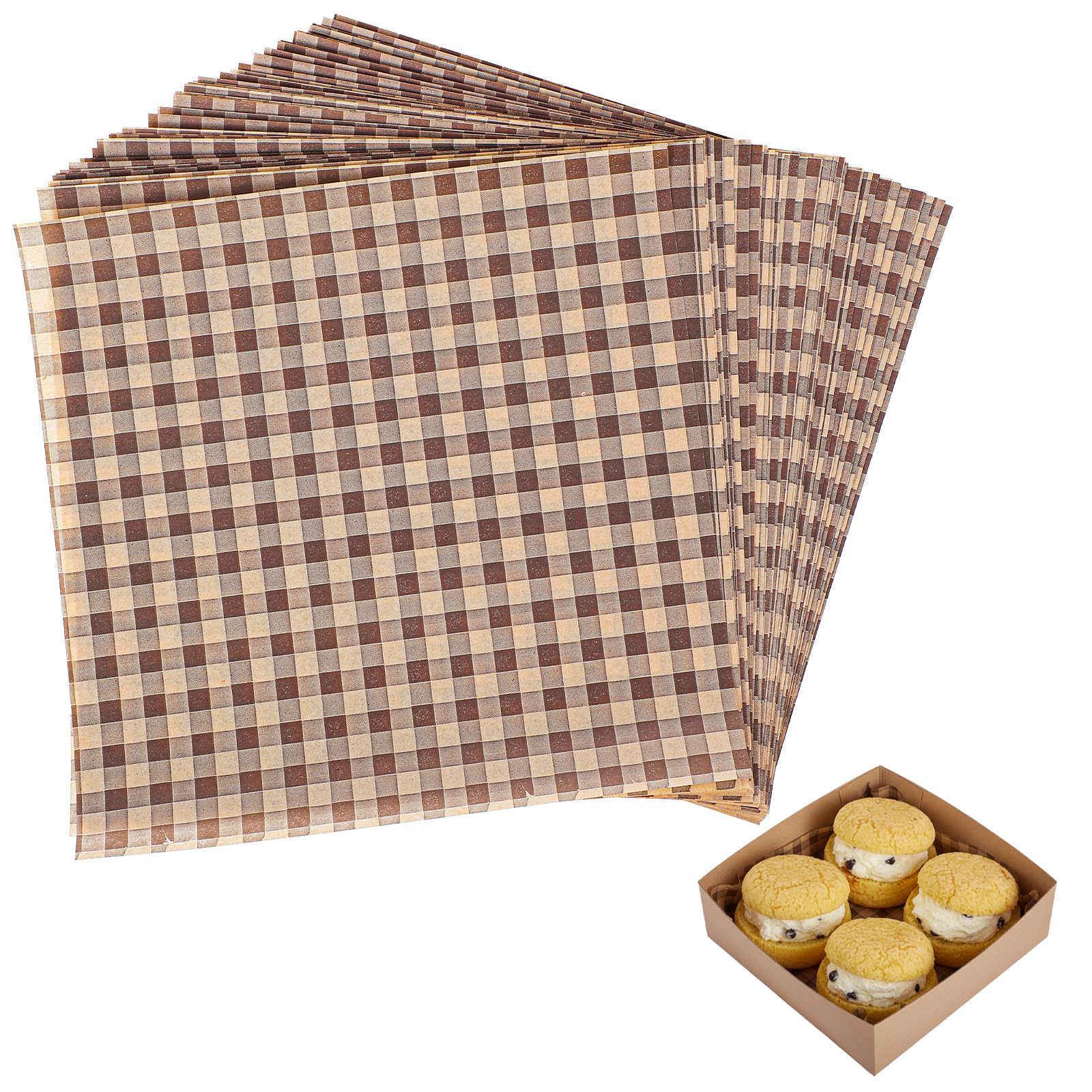 YBEATY 100 Pcs Wax Paper Sheets Food Picnic Basket Liners Disposable Greaseproof BBQ Deli Wrapping Sheets Paper Checkered Printing Parchment for Sandwich Burger Outdoor Restaurants (Brown)