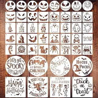 48 PCS Halloween Stencils Reusable, Ghost Bat Witch Spider Pumpkin Stencils for Painting on Wood DIY Crafts Ornaments Wood Slice Halloween Decoration