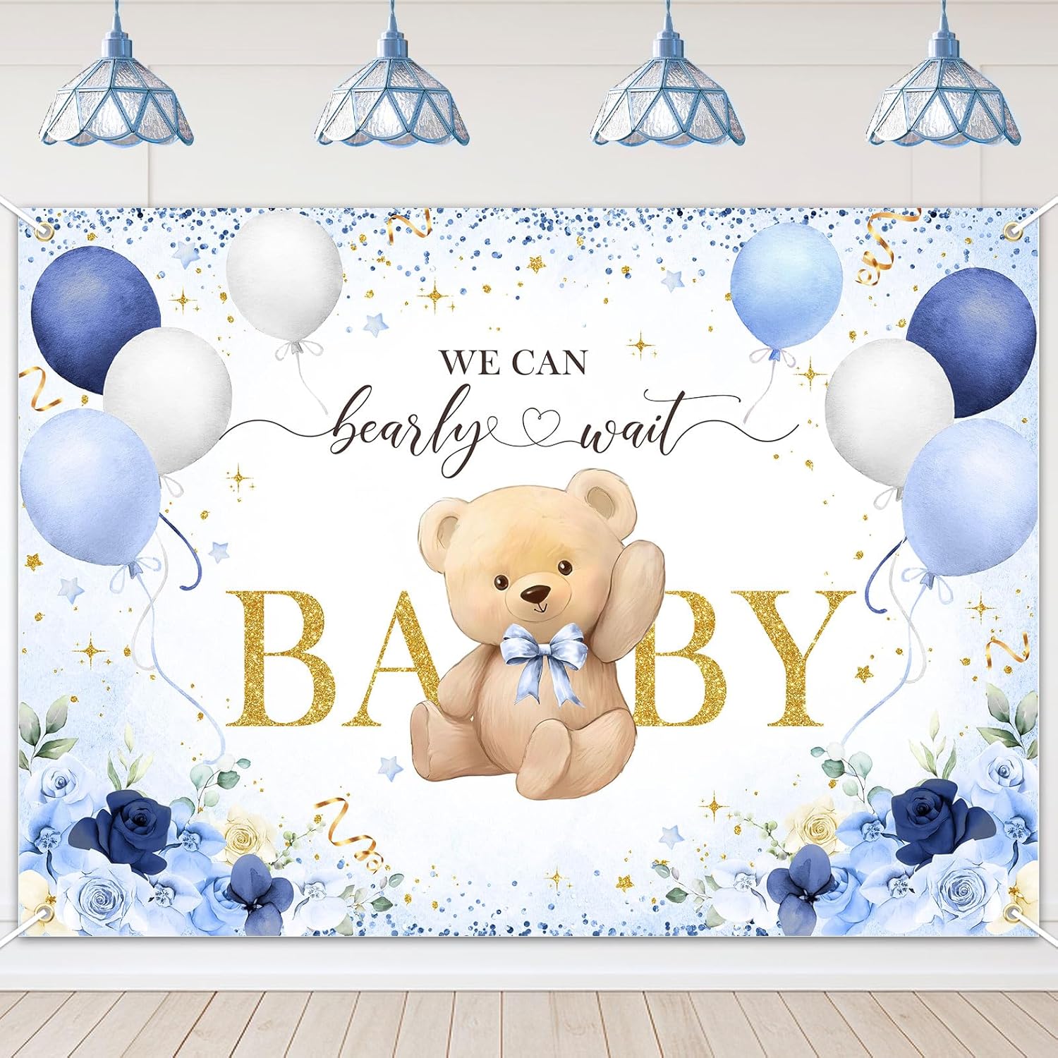 Avezano Bear Baby Shower Backdrop for Boy Blue Flower Balloons We can Bearly Wait Party Banner Bear Baby Shower Party Decorations Banner (7x5ft)
