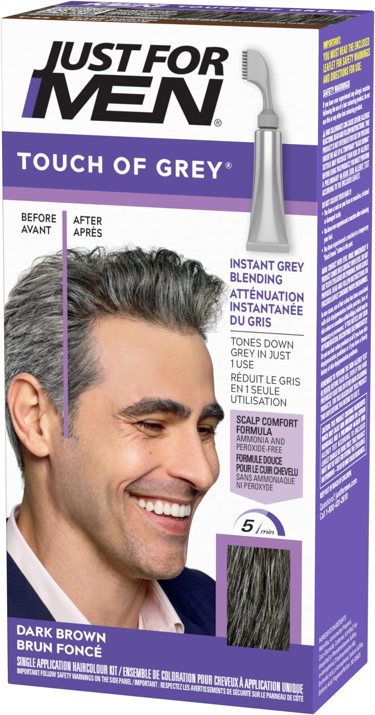 Just For Men Touch of Grey Dark Brown Hair Dye For a Natural Salt & Pepper Look, T45