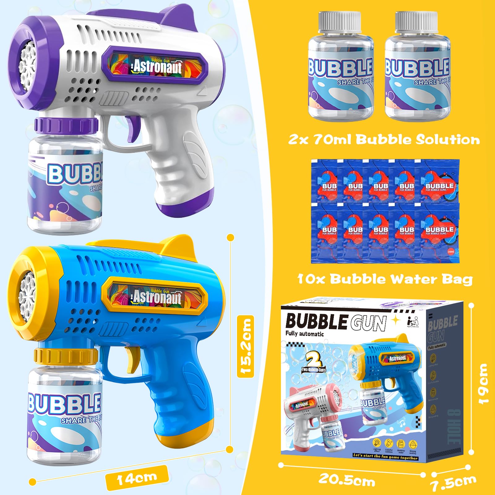 2 Pistola de Burbujas para Niños Máquina Burbujas de Jabon Niños Máquina Automática de Burbujas 10000+ Burbujas para Cumpleaños Fiestas, Aire Libre Bodas